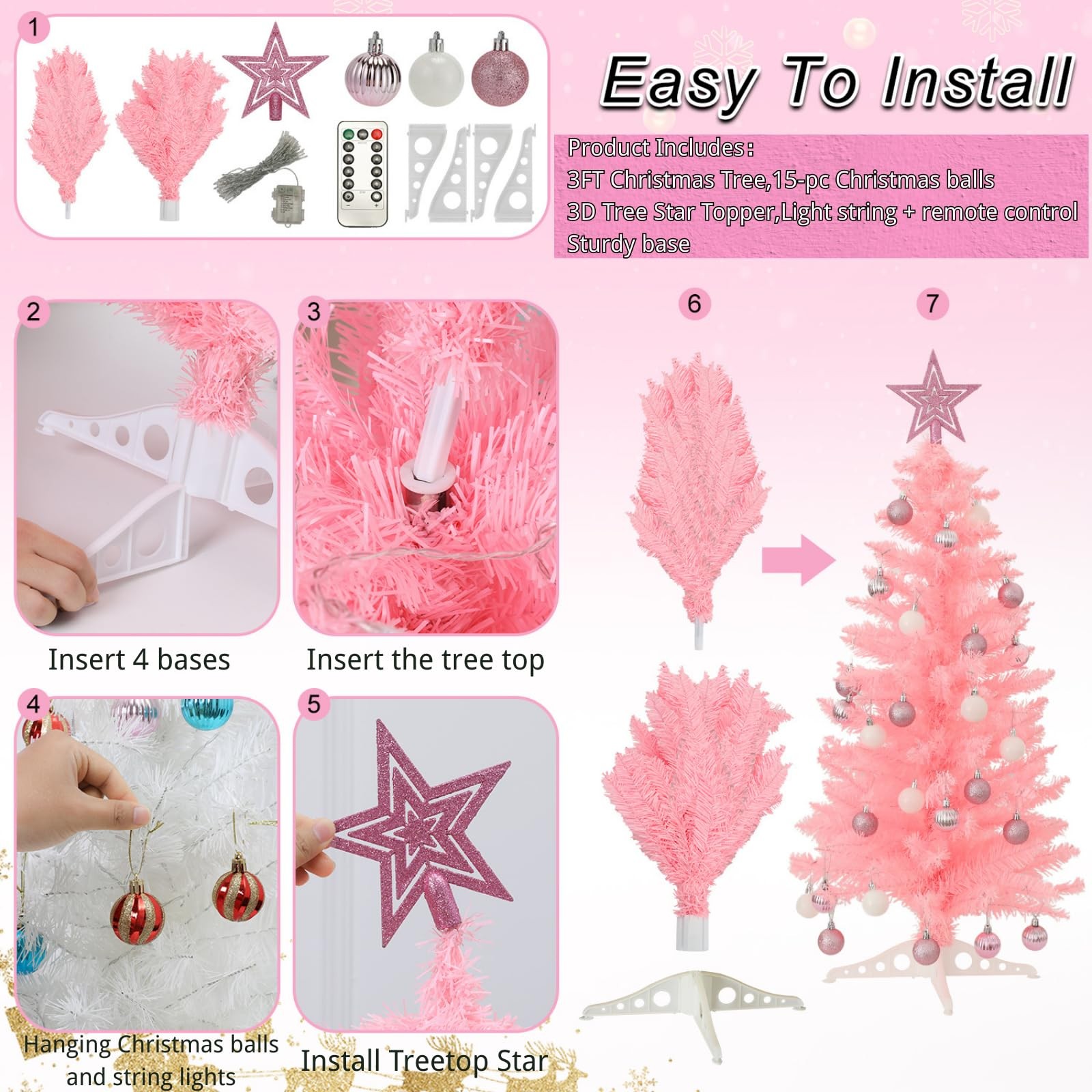 3 FT Pink Artificial Christmas Tree 50 Warm Lights 8 Modes Remote Star Top