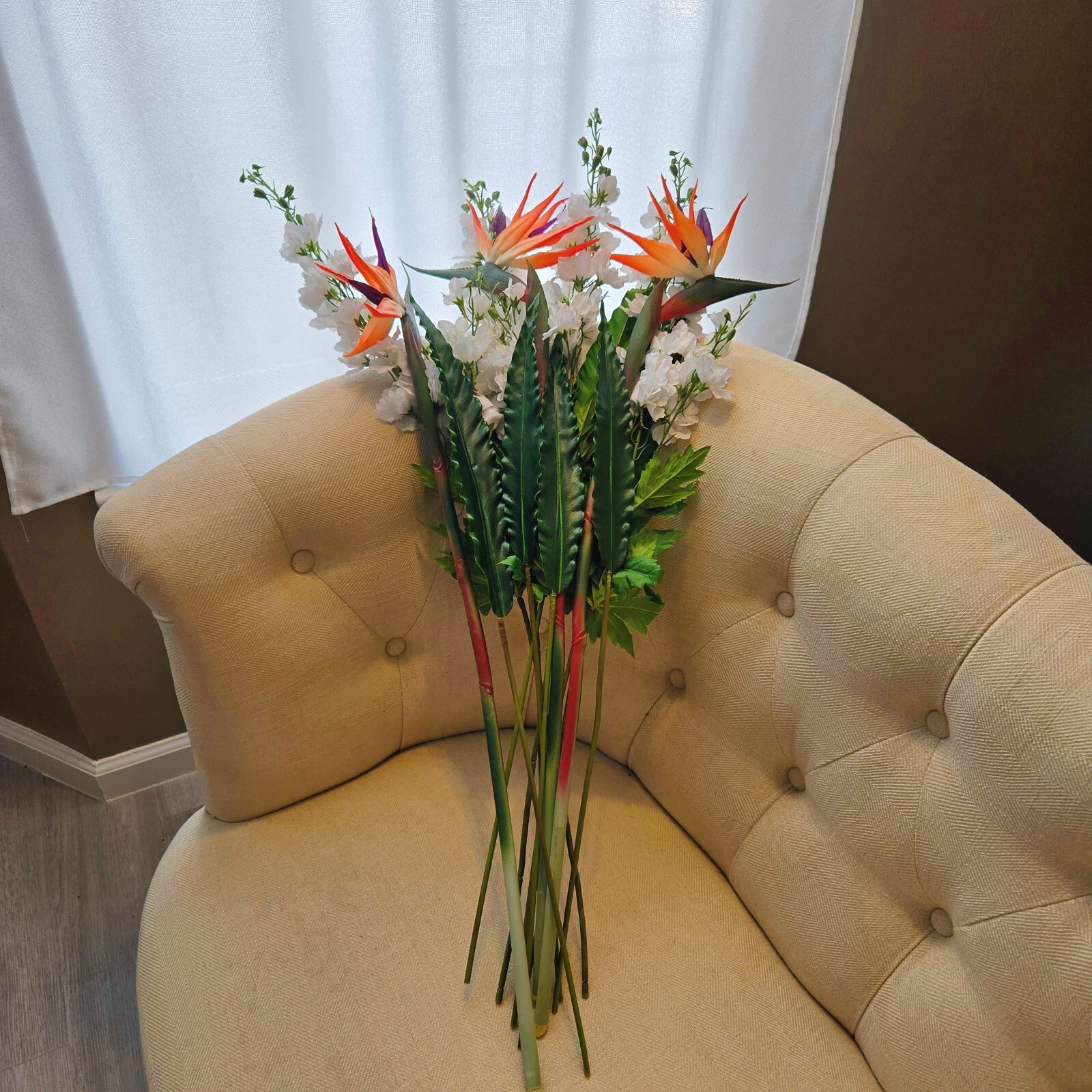 12-Stem Artificial Flower Set ?Bird of Paradise,Bird?s Nest Fern and Delphinium