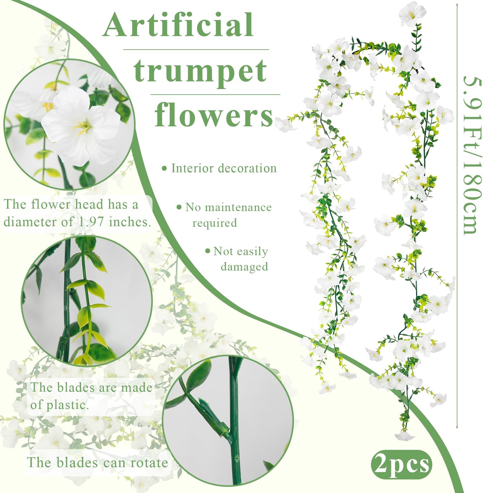 2 Pcs Artificial Vines Outdoors 11.8ft Silk Morning Glory Flowers White Fake …