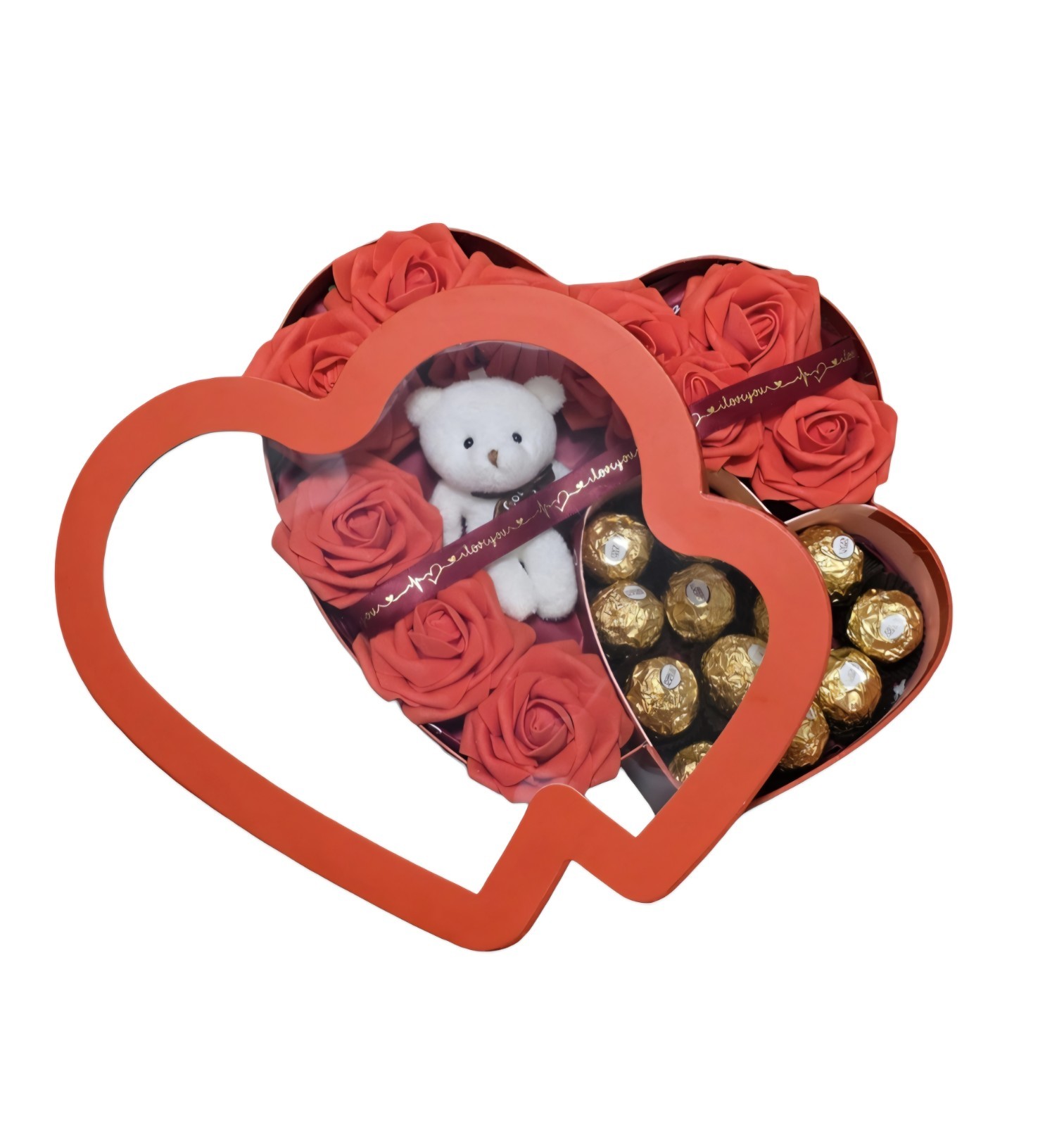 Eternal red flowers with a box in the shape of a red heart, chocolate/bear.