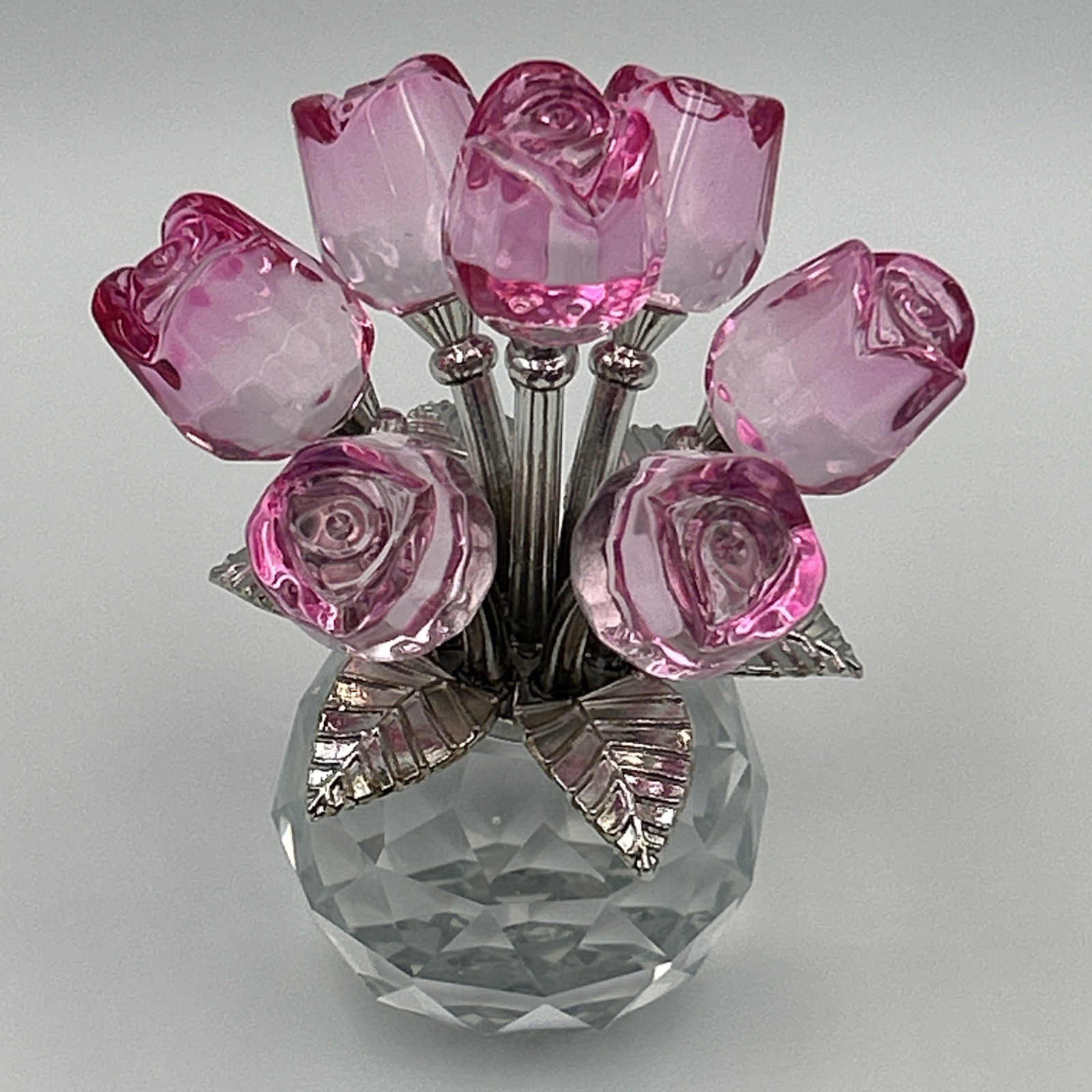 Handmade Crystal Glass Pink Rose Bouquet Flowers Vase Figurine + Gift Bag & Card