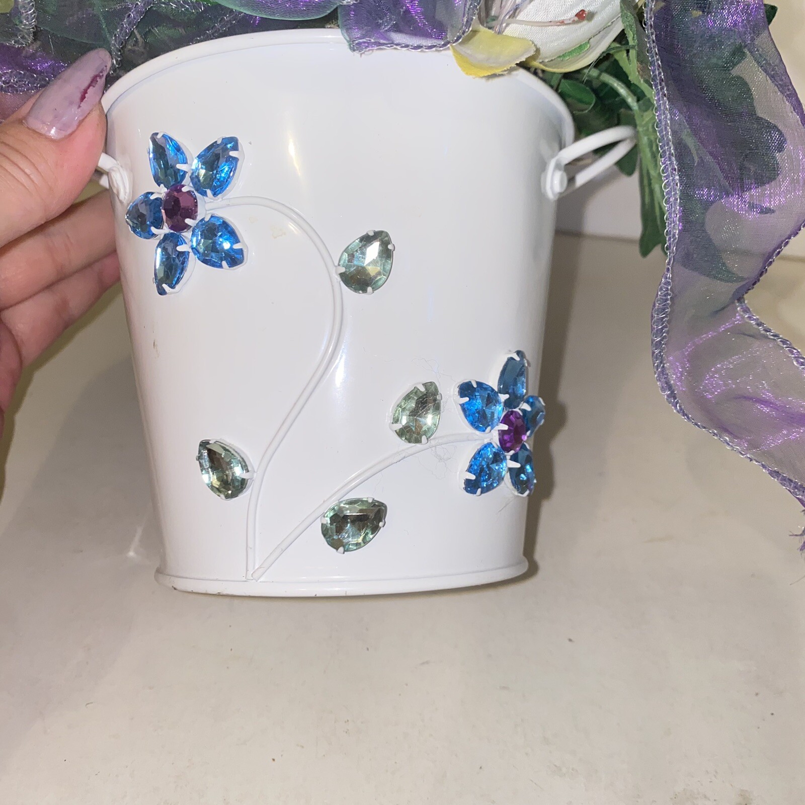 Blue Yellow & Purple Flower Arrangement in Rhinestone Jeweled Tin Planter