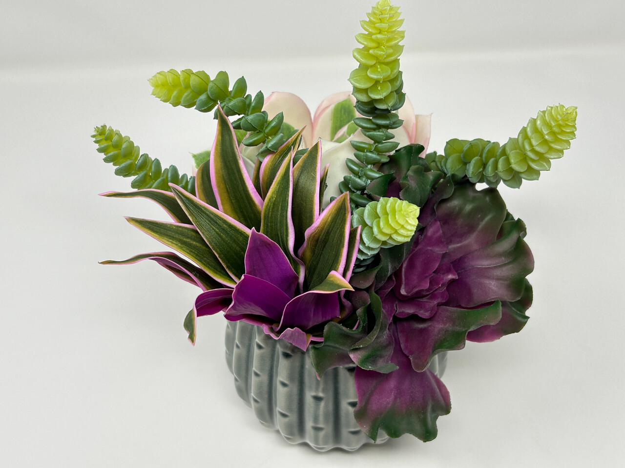 10″ Artificial Purple & White mixed Succulent Garden #11, 5″ Gray Ceramic Plant