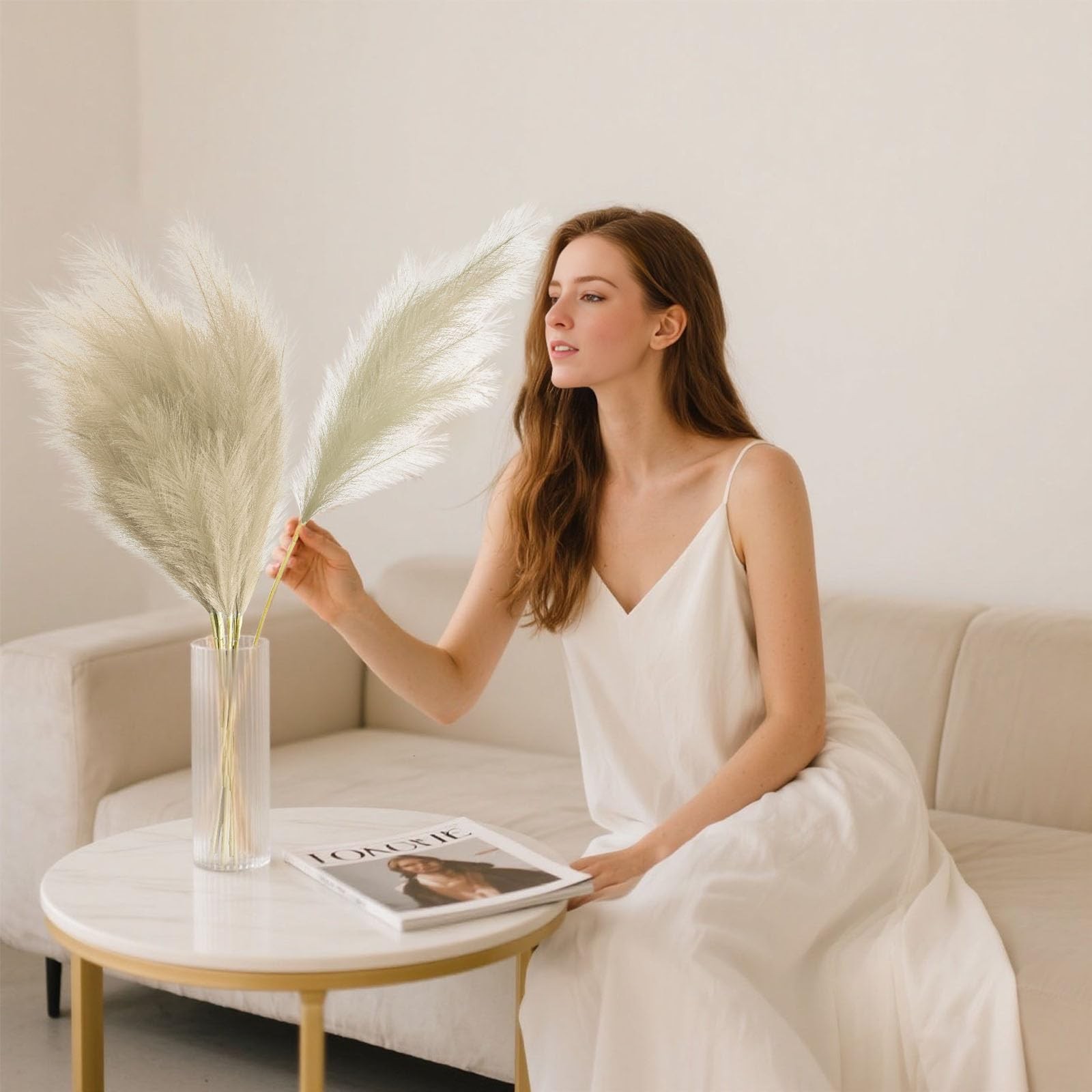 30 PCS 17 In Light Coffee Faux Pampas Grass Short Fluffy Faux Pompas