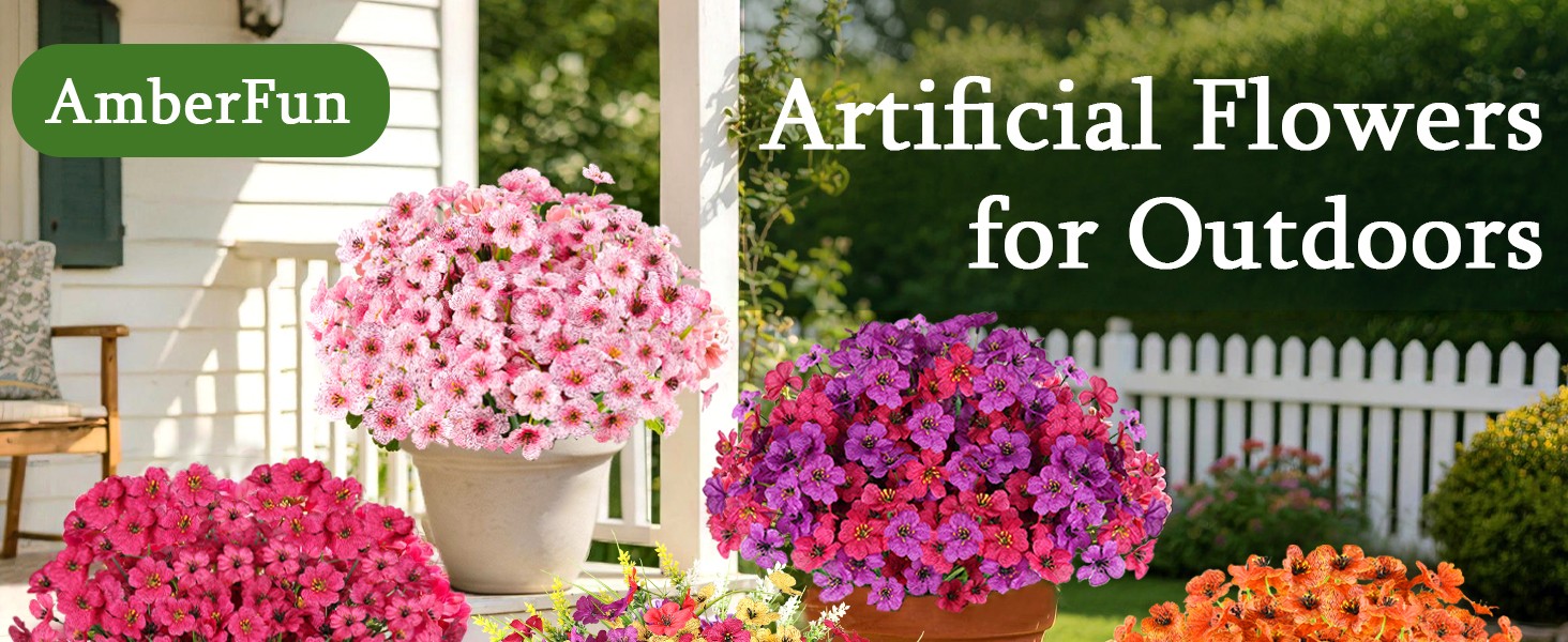 24 Bundles Artificial Flowers for Outdoors, Realistic Fake Silk Flowers for