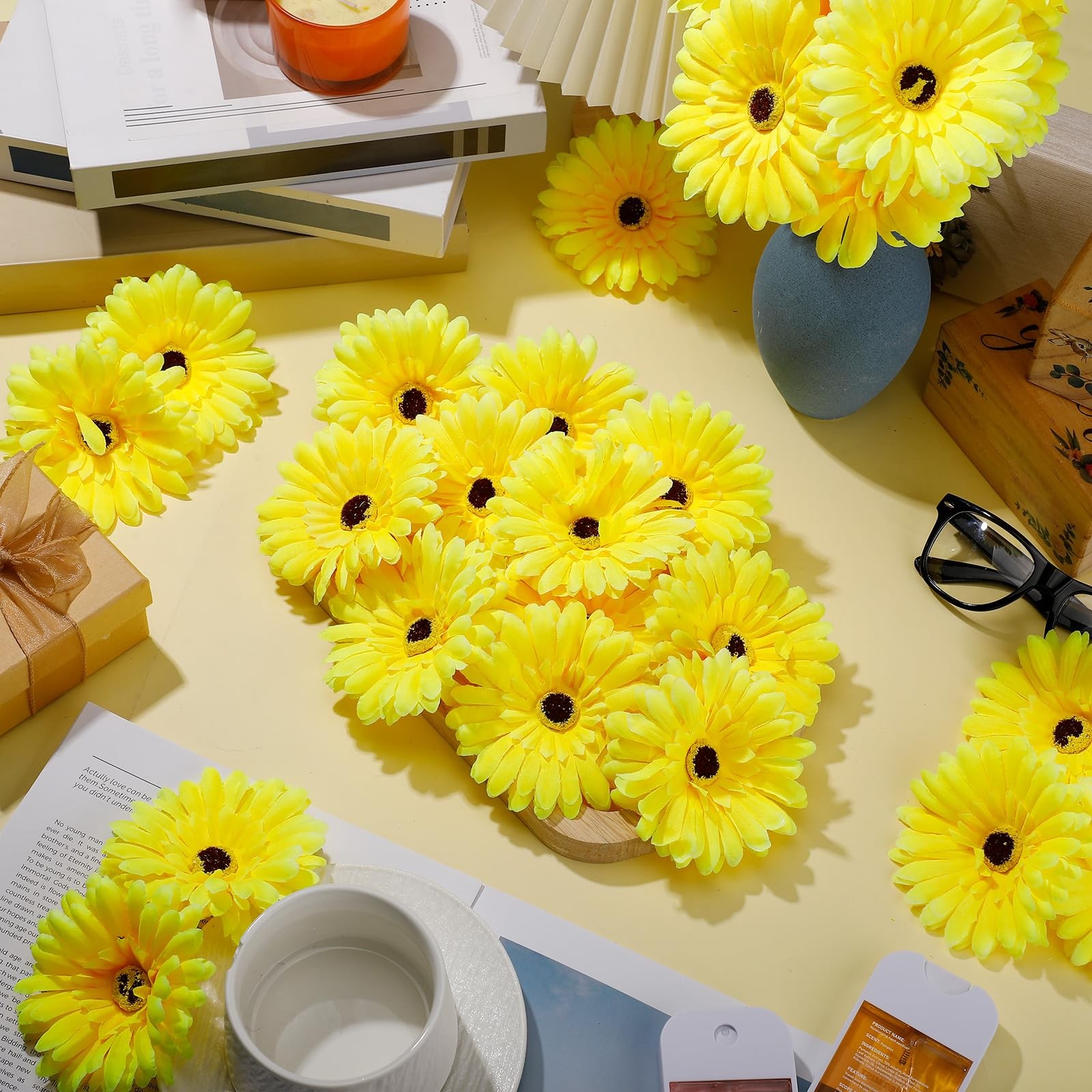 100 Pcs Flowers Long Stem Artificial Daisy, 4 Inches Silk Gerbera Head Flower…