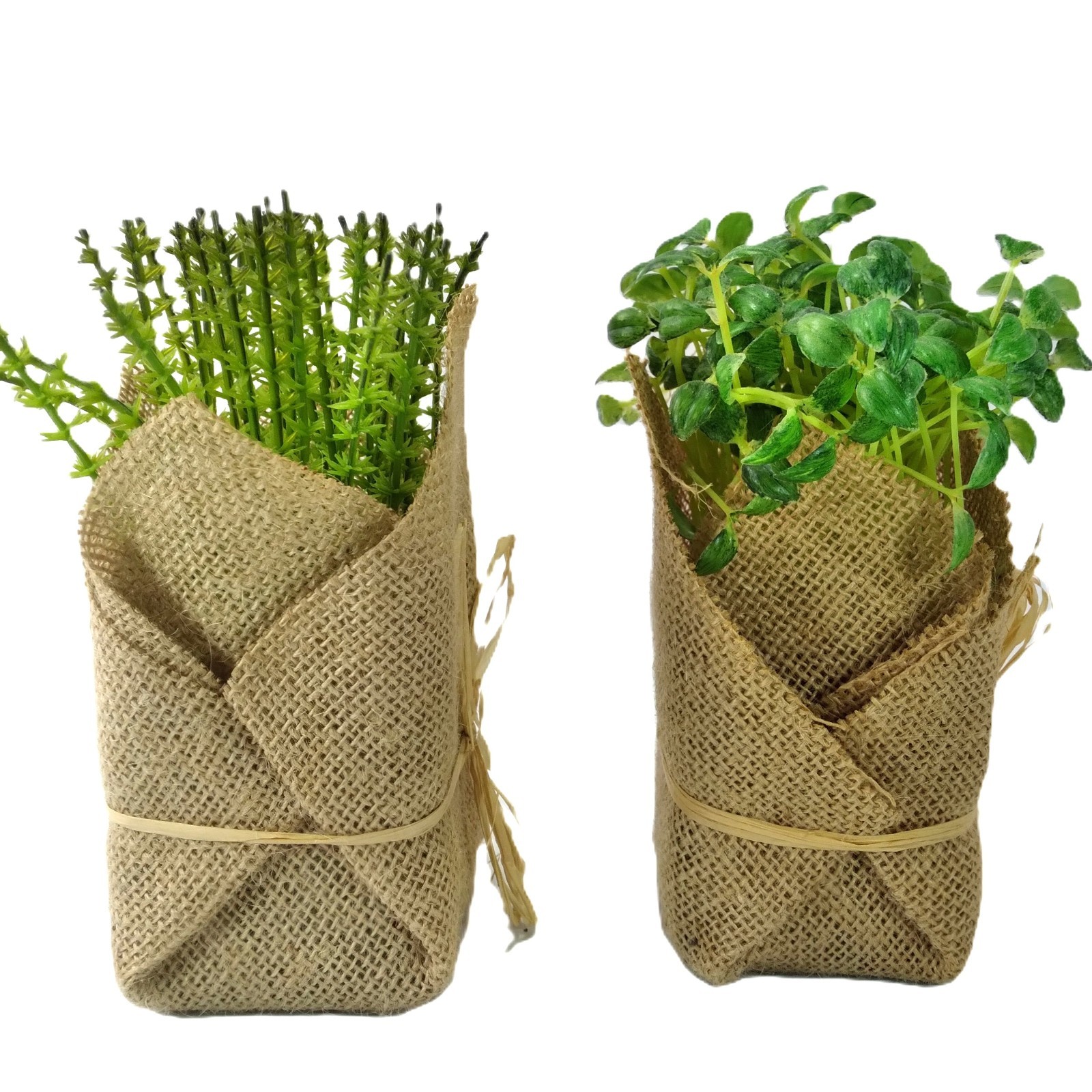 2 Pcs Small Artificial Plants Wrapped in Burlap Farmhouse Green Cottage 6.5-7″ T