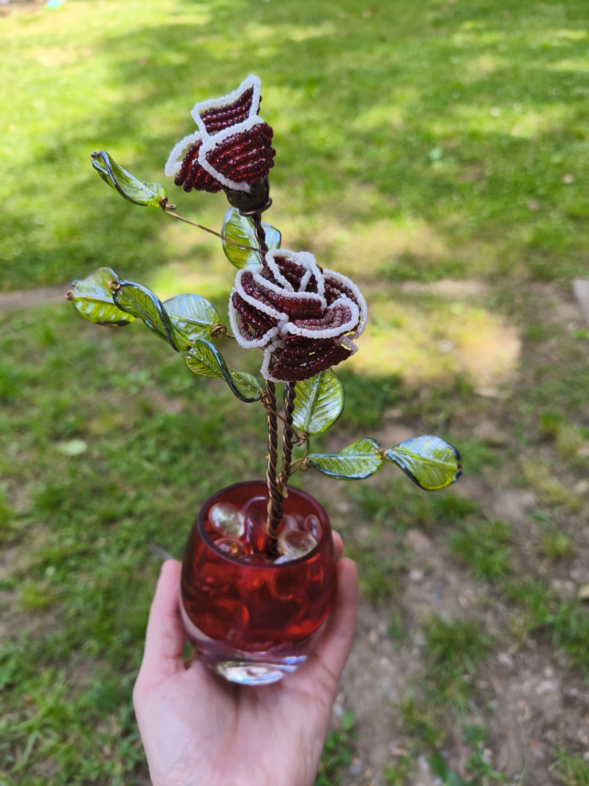 Vintage Handmade Beaded Rose Flower Arrangement Glass Vase Floral Decor