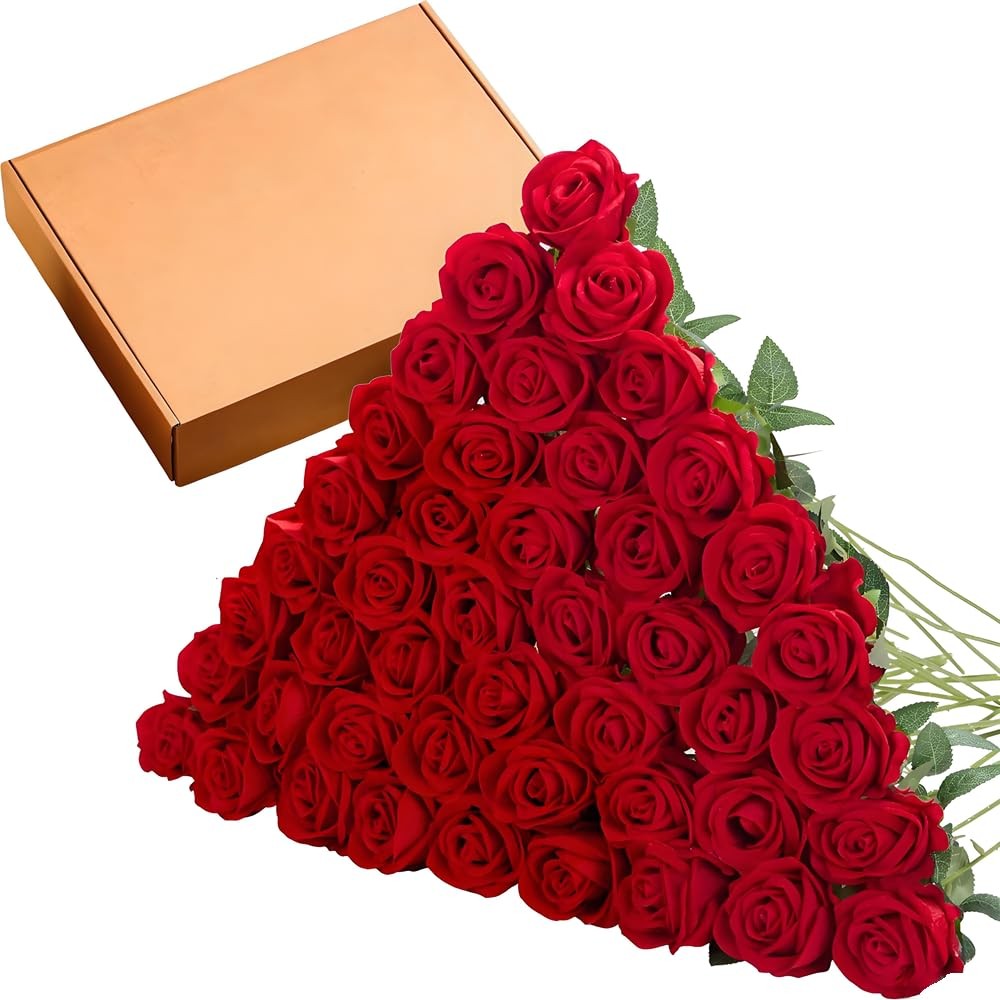 Red Realistic Velvet Silk Artificial Roses Faux Flowers Bouquet 50 PCS Decor