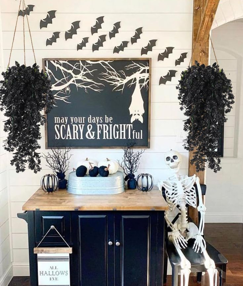 2Pcs Artificial Black Hanging Flowers for Outdoors Decoration Fake Hanging Plant