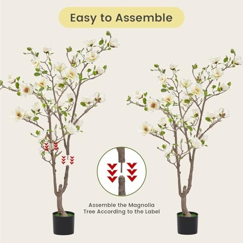 Artificial Magnolia Tree, 4.9 ft Tall Fake Indoor Tree, 4ft 11in White & Yellow
