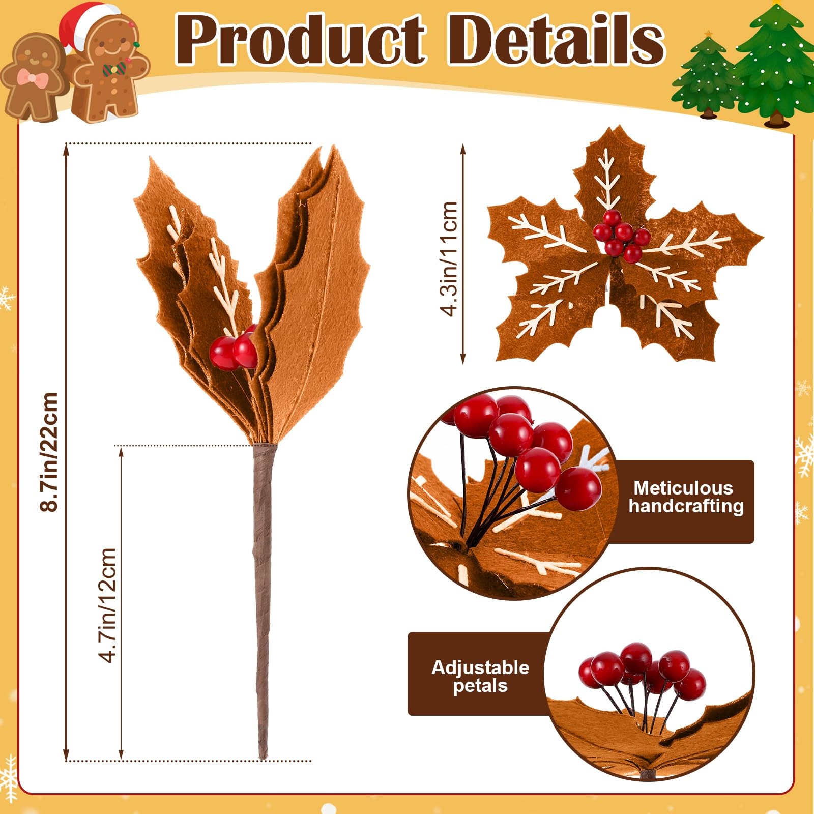 8 PCS 9 Inch Gingerbread Poinsettia Christmas Tree Picks Decorations Felt Art