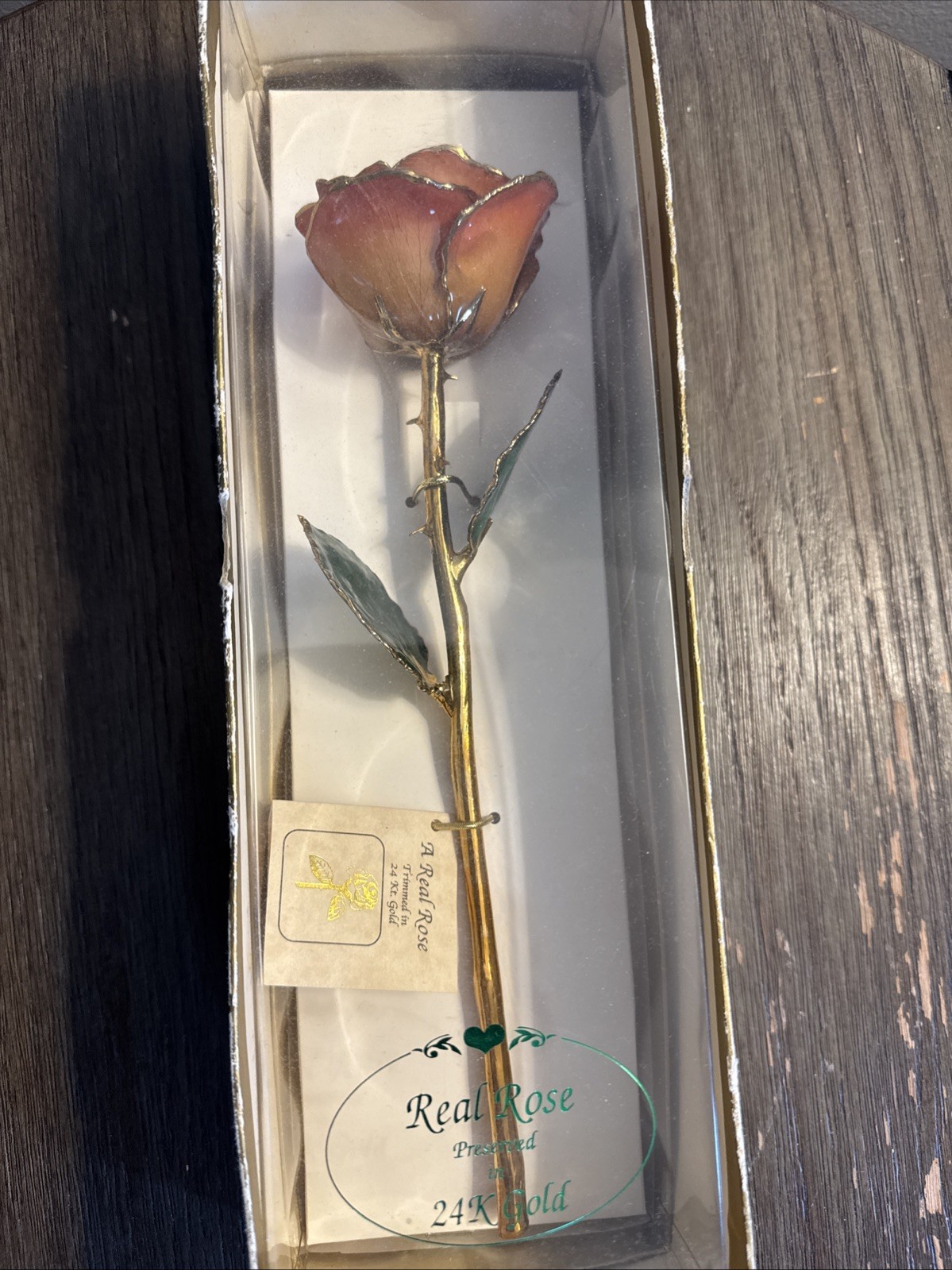 NIB a REAL ROSE PRESERVED & TRIMMED IN 24K GOLD 11″ Lilac Pink Rose in box