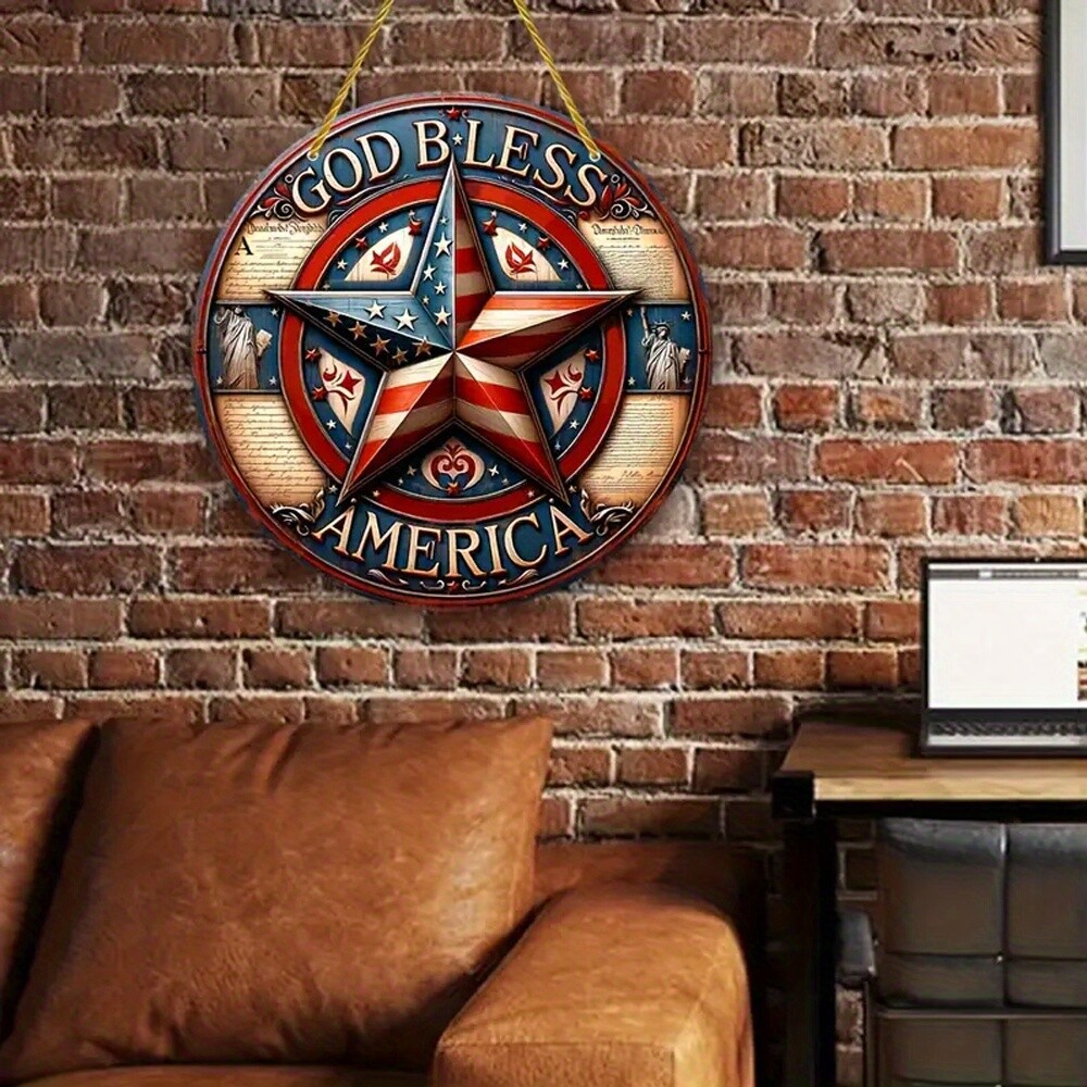 1 PC God Bless America Independence Day Sign American Star Round Acrylic Sign