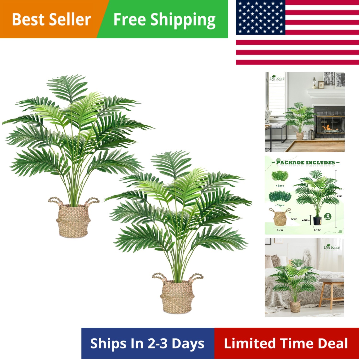 2Pcs Fake Palm Tree 28Inch Large Fake Potted Faux Areca Palm Plant with Hand-…