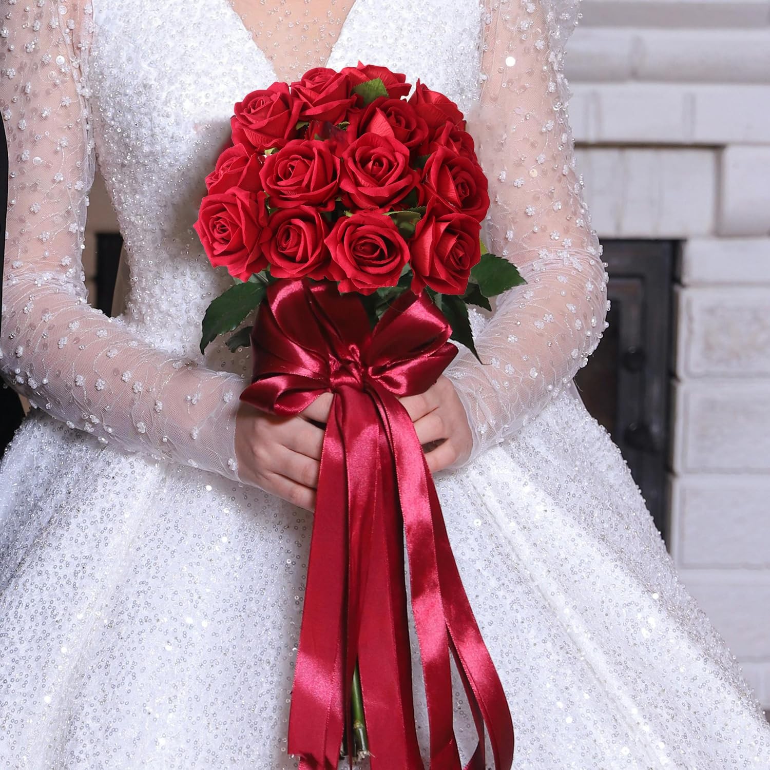 Red Roses Artificial Flowers Burgundy with Long Stem Home Wedding Centerpiece