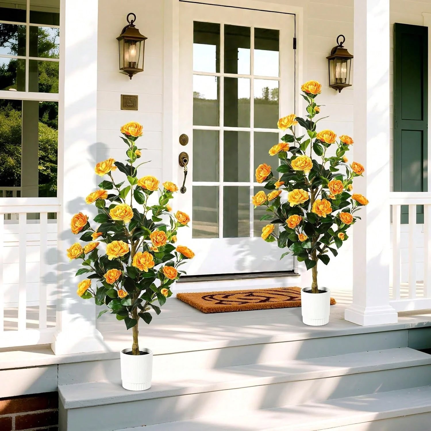 2 Pack Artificial Camellia Trees 3FT/4FT Orange Flowers with Pots