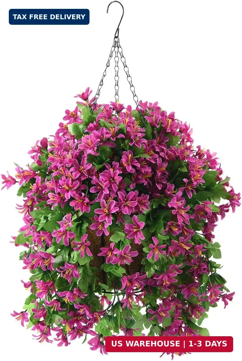 INQCMY Artificial Hanging Flowers in Basket for Spring Summer Outdoor Porch Deco