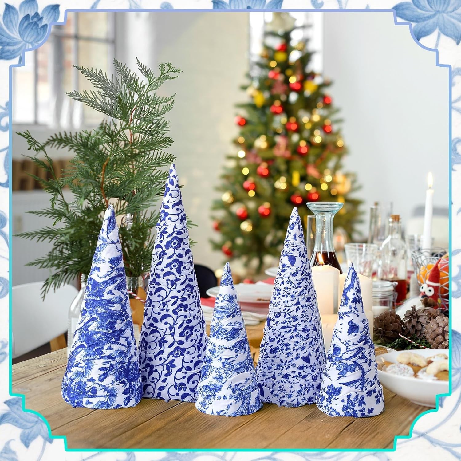 5 Pcs Chinoiserie Christmas Tree Mini Cone Table Decor Blue and White Porcelain