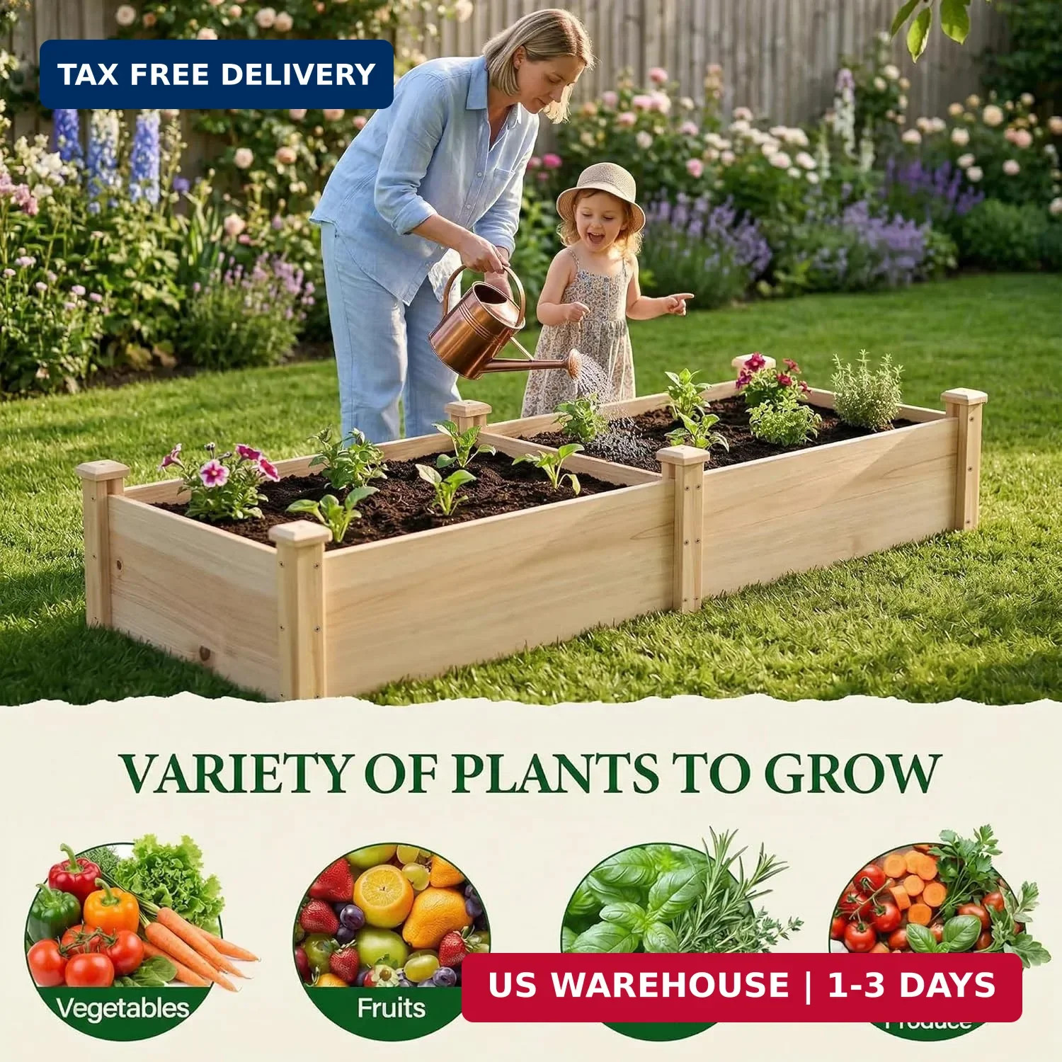 8×2ft Wooden Horticulture Raised Garden Bed Divisible Elevated Planting Planter
