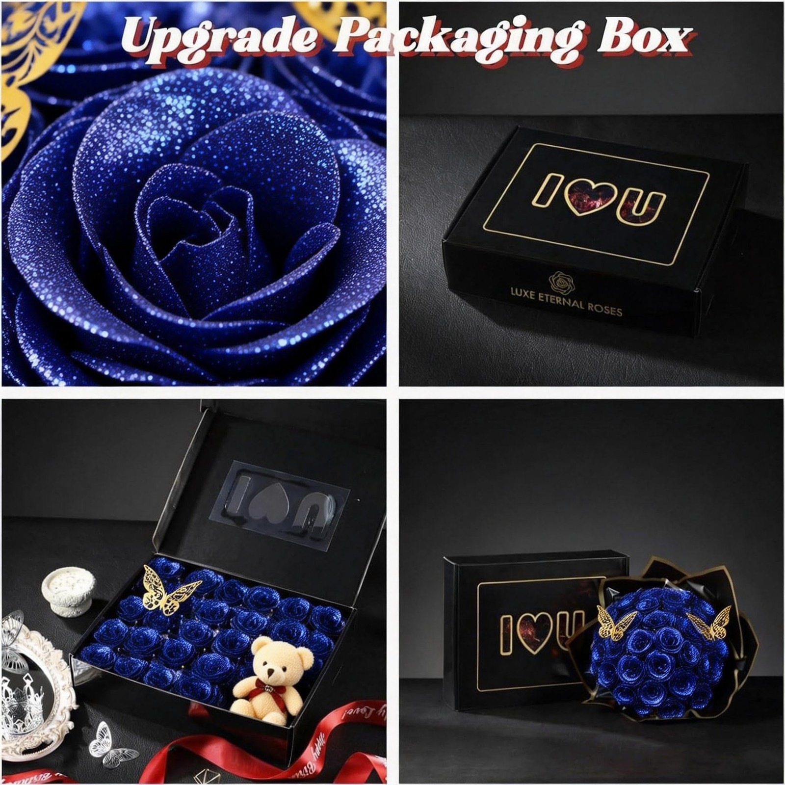 Blue Glitter Roses Bouquet Forever Flowers, 52 Pcs DIY Artificial Glitter Ros…
