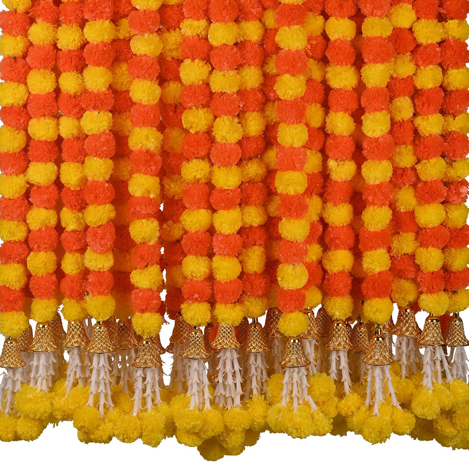 Artificial Marigold Garland 5 Pcs 5ft Strands with Bell Orange Yellow Decor