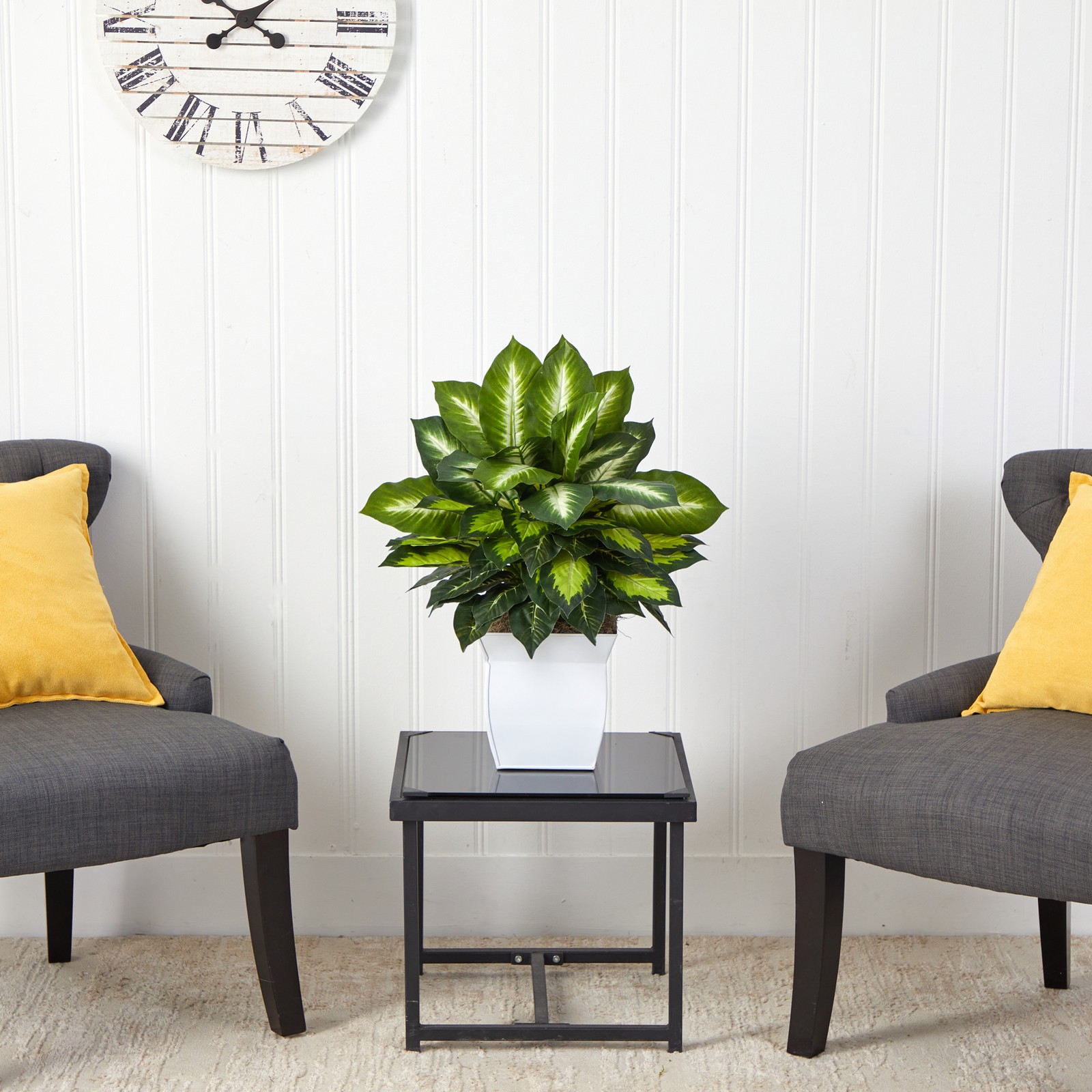 Nearly Natural 2ft Golden Dieffenbachia Artificial Plant in White Metal Planter