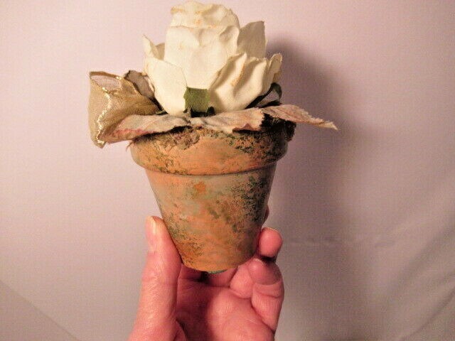 Vintage Paper Rose in Terracotta 3″ pot w/ Gild & Moss finish-Gold Bow- Romantic