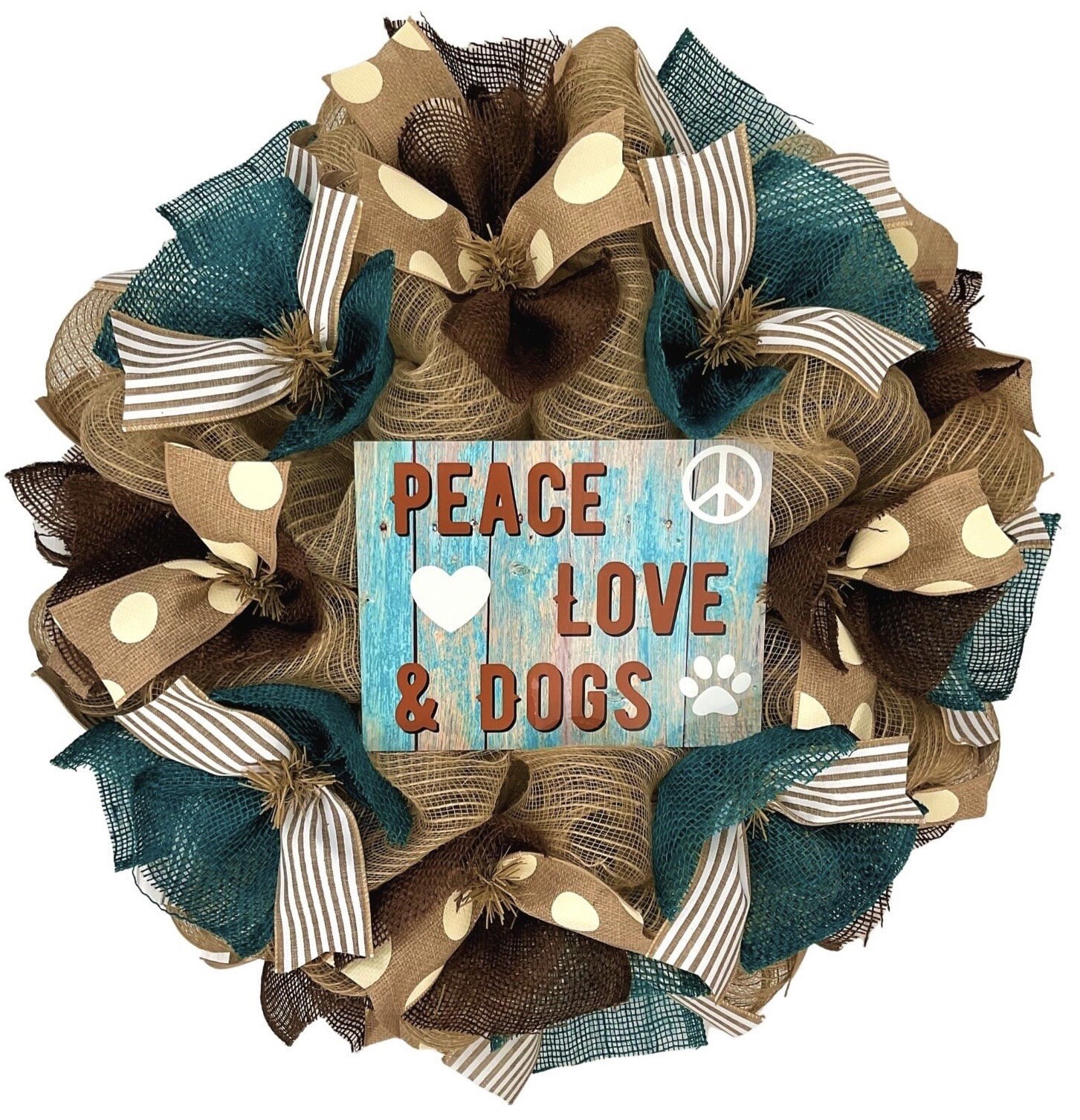 Peace Love And Dogs All Occasion Door Wreath Handmade Deco Mesh