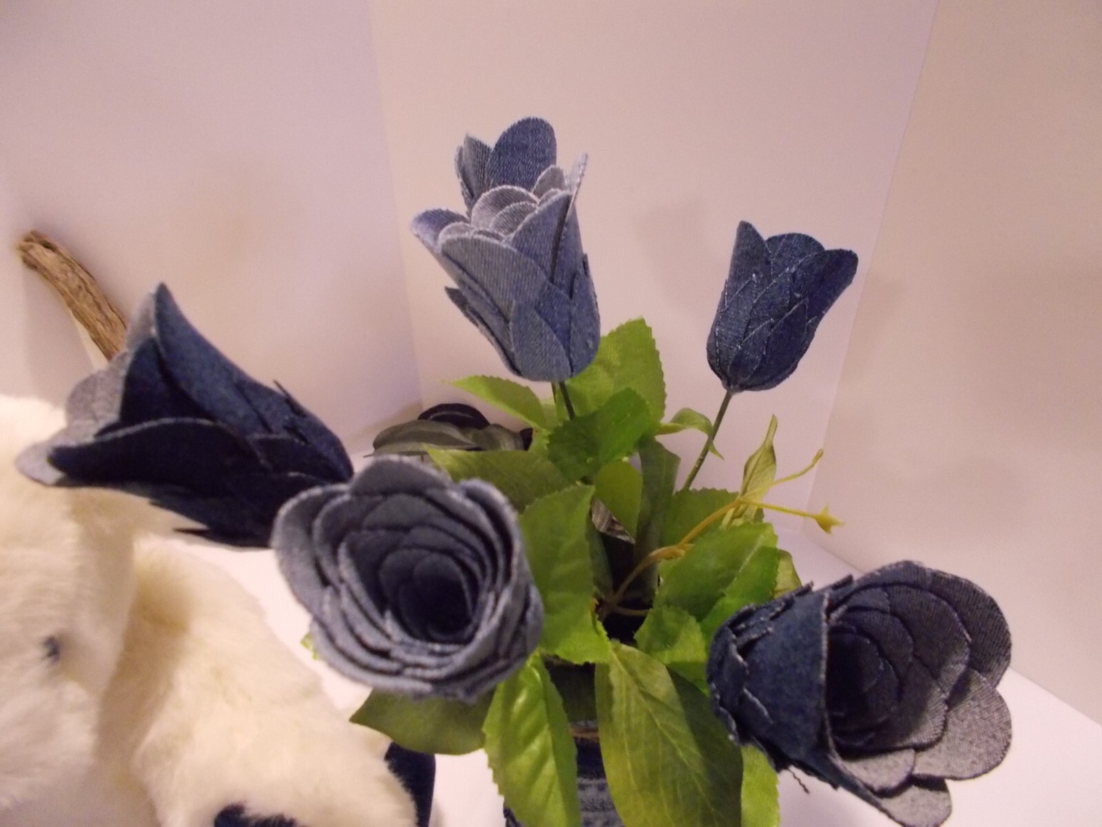 Handcrafted Denim 6 Rose Bouquet in Denim Seams Vase w Teddy Bear Upcycled Denim