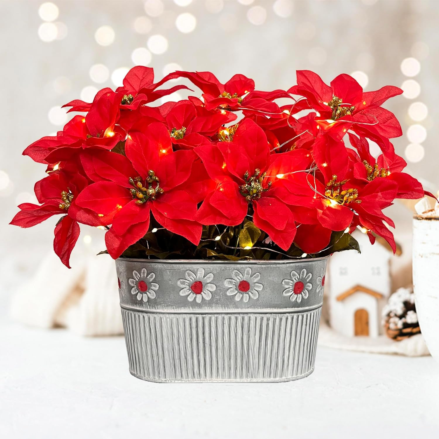 Christmas Poinsettia Table Centerpiece – Rustic Metal Pot with LED Lights, Festi