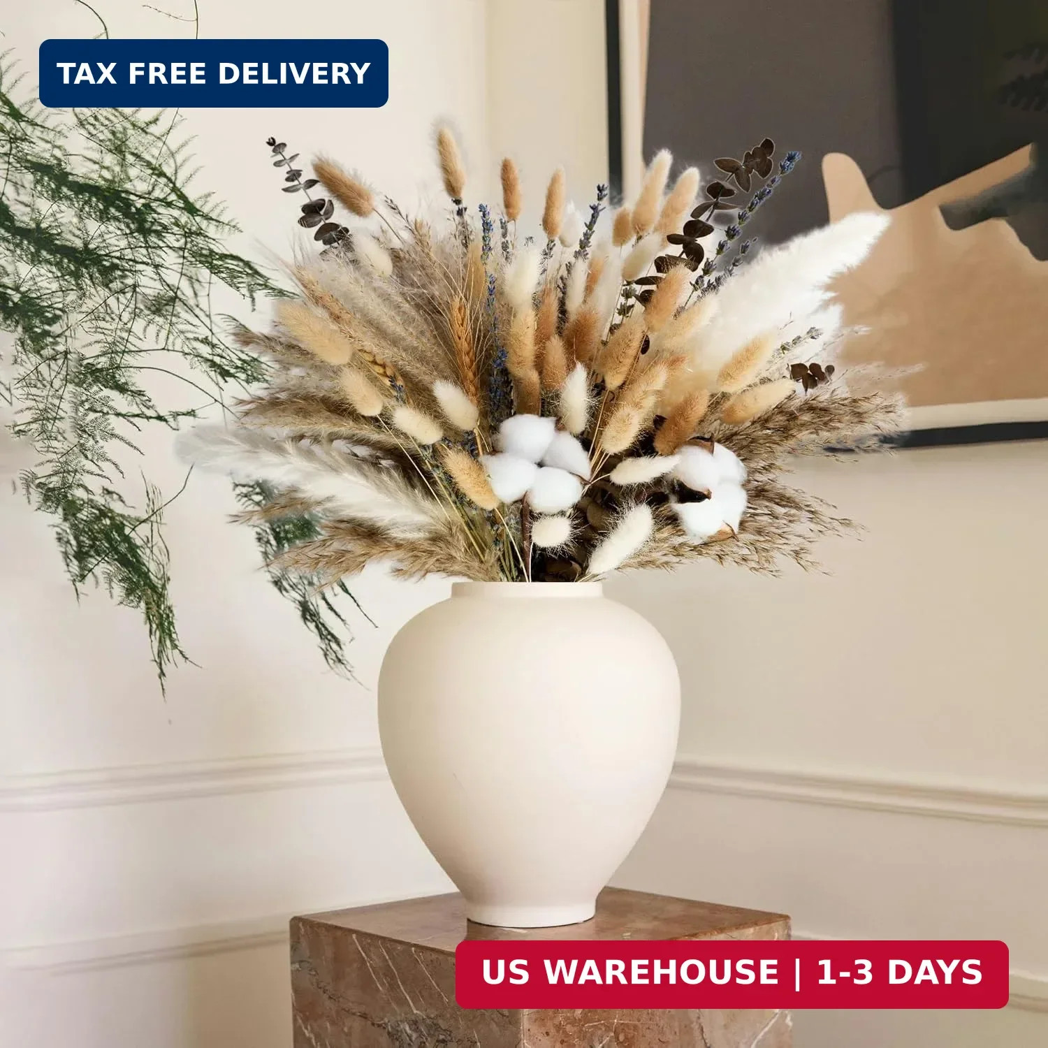 Natural Dried Flower Bouquet – Pampas Grass, Cotton Stems, Bunny Tails, Eucalypt