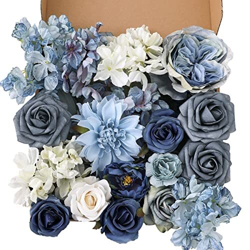 Artificial Flowers Combo Box Set Dusty Blue Flowers for DIY White Blue Rose