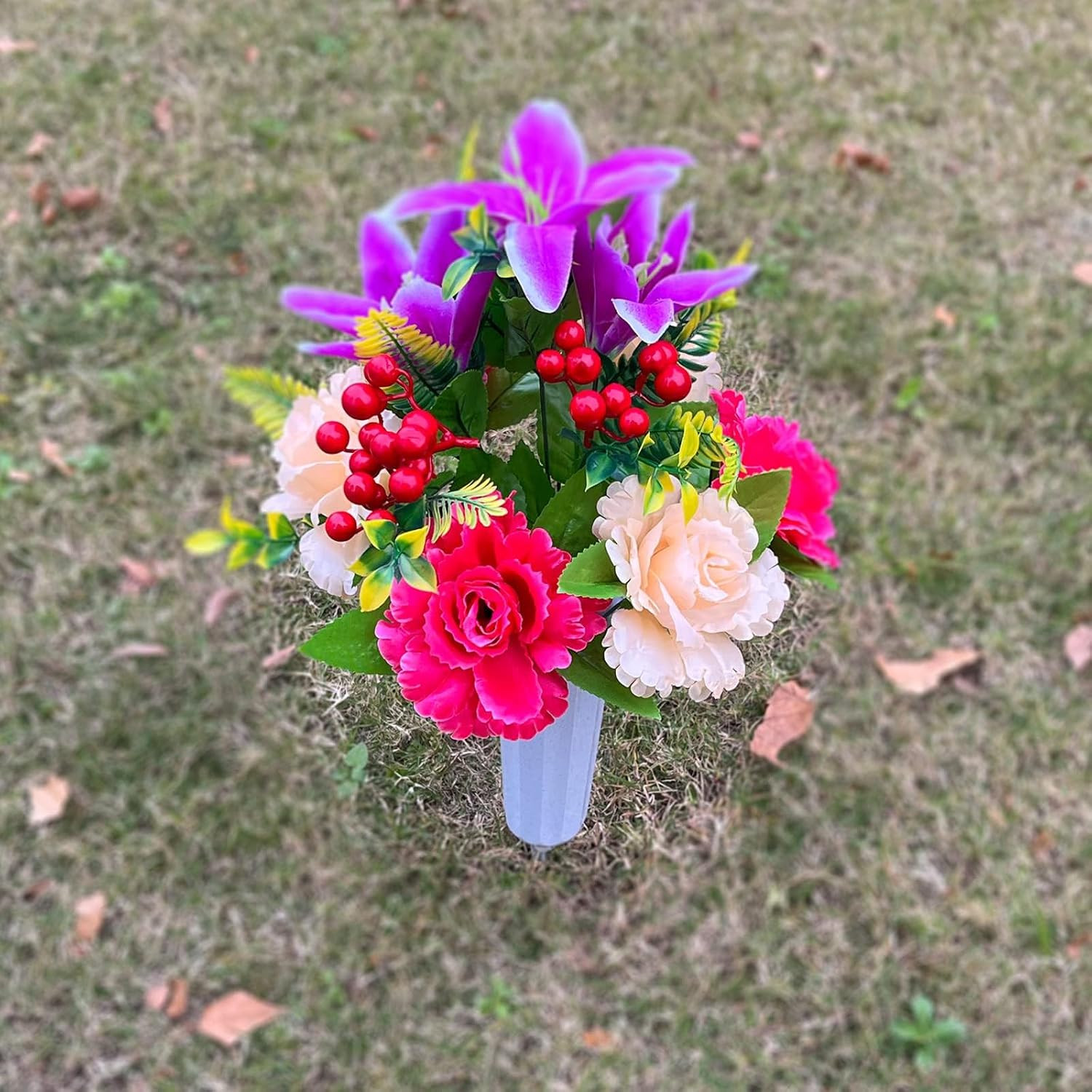 Artificial Memorial Flowers with Vase: Exquisite Gravestone Decor for Memorial D