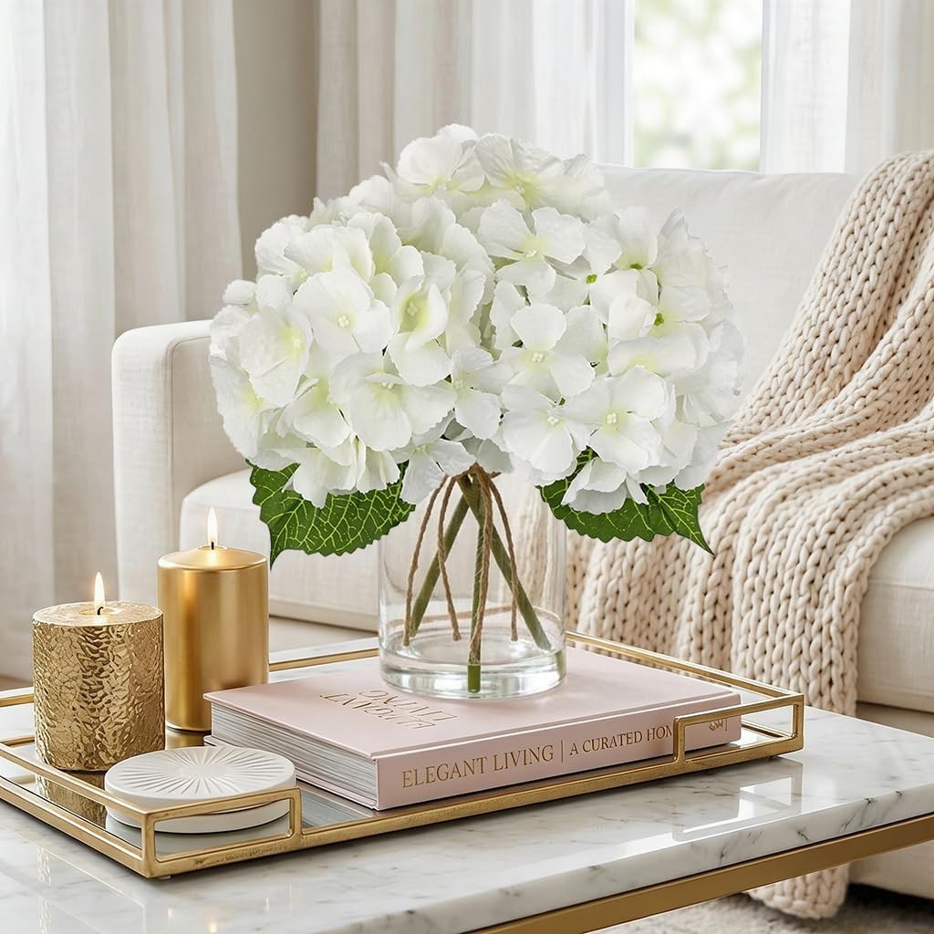 Artificial White Hydrangea Flower Arrangement in Glass Vase with Faux Water
