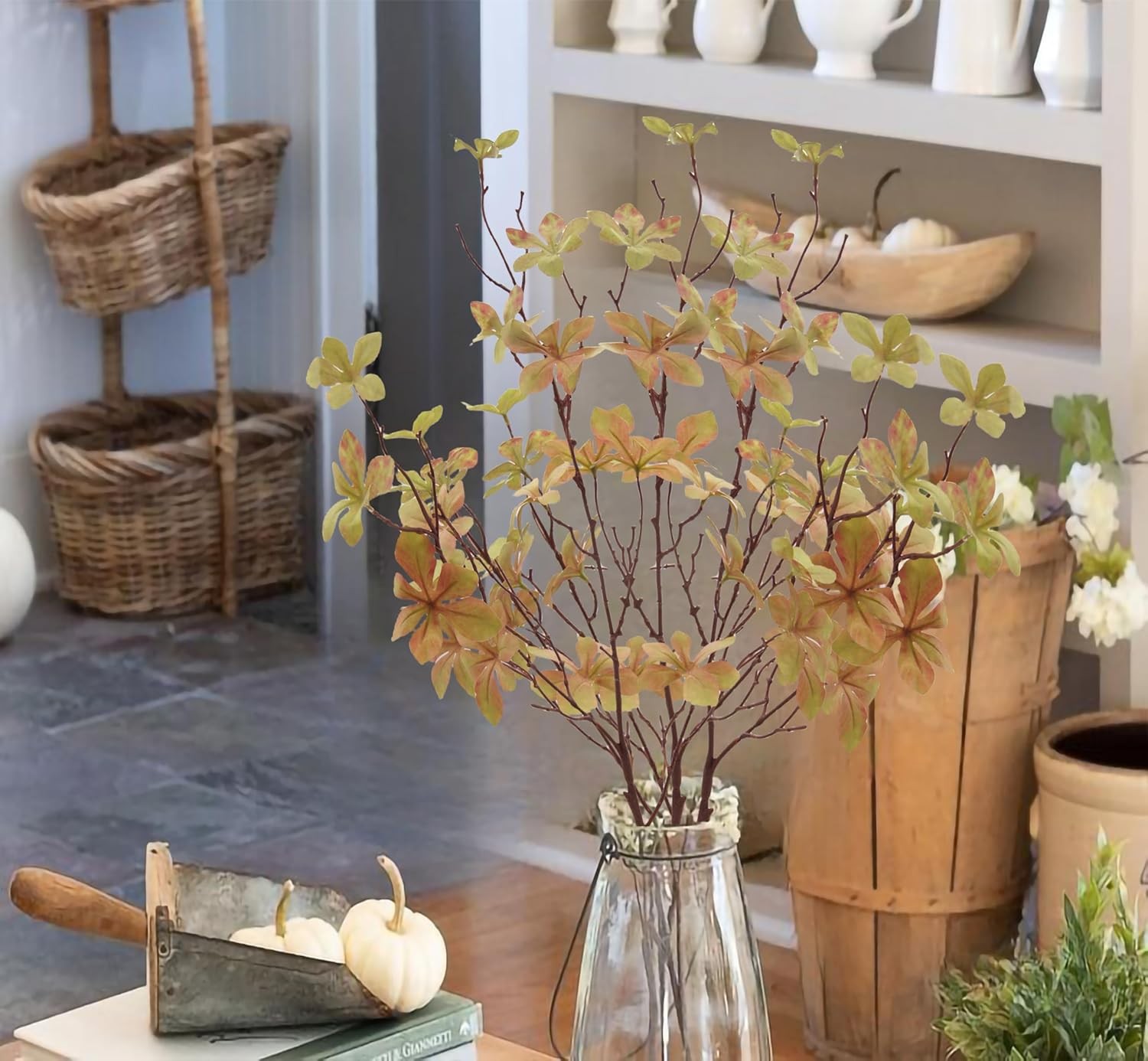 3PCS Artificial Fall Stems Faux Branches with Leaves for Vase Fake Plants for Ho