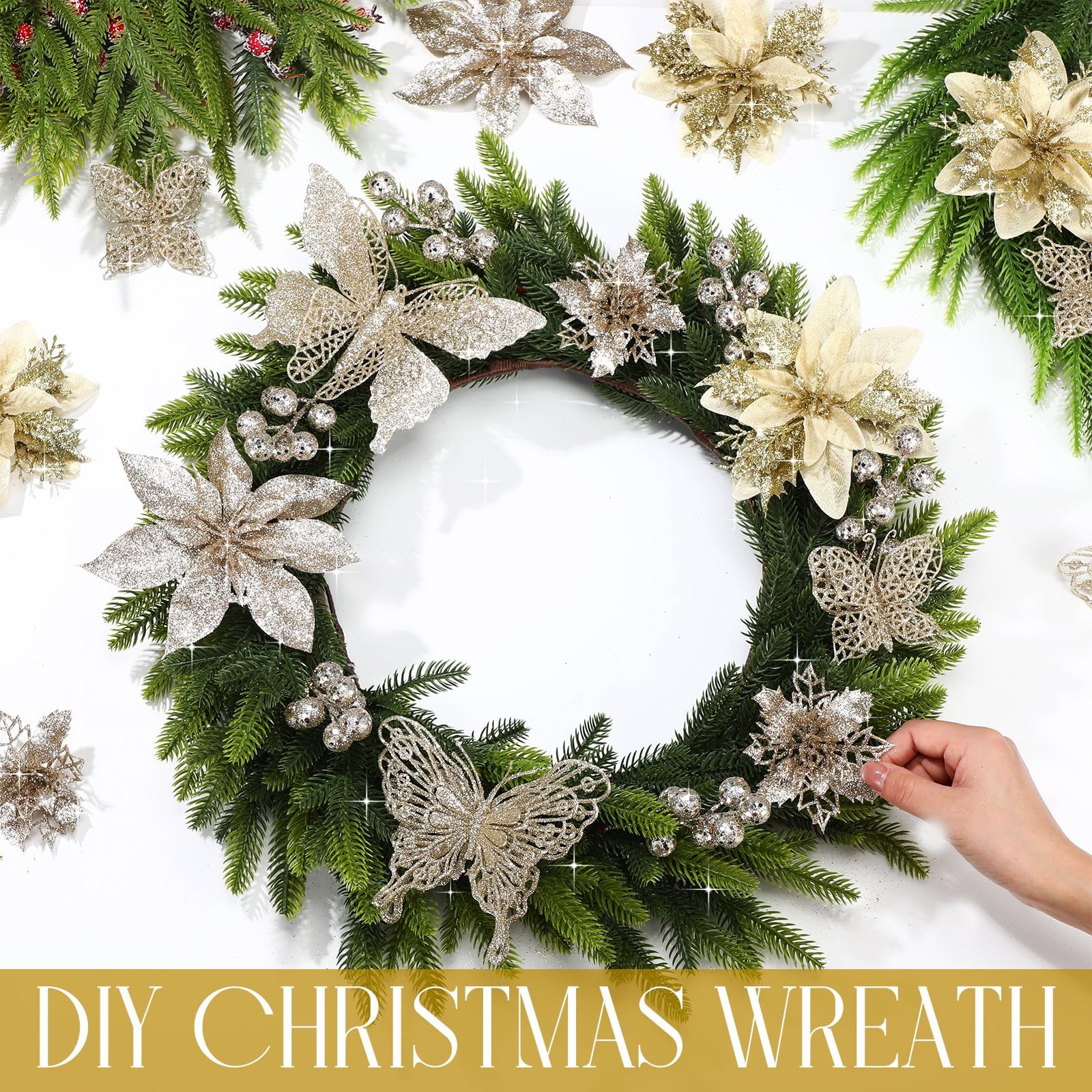 Thiccywoov 122 Pcs Christmas Glitter Poinsettia Artificial Flowers Berry Pick…