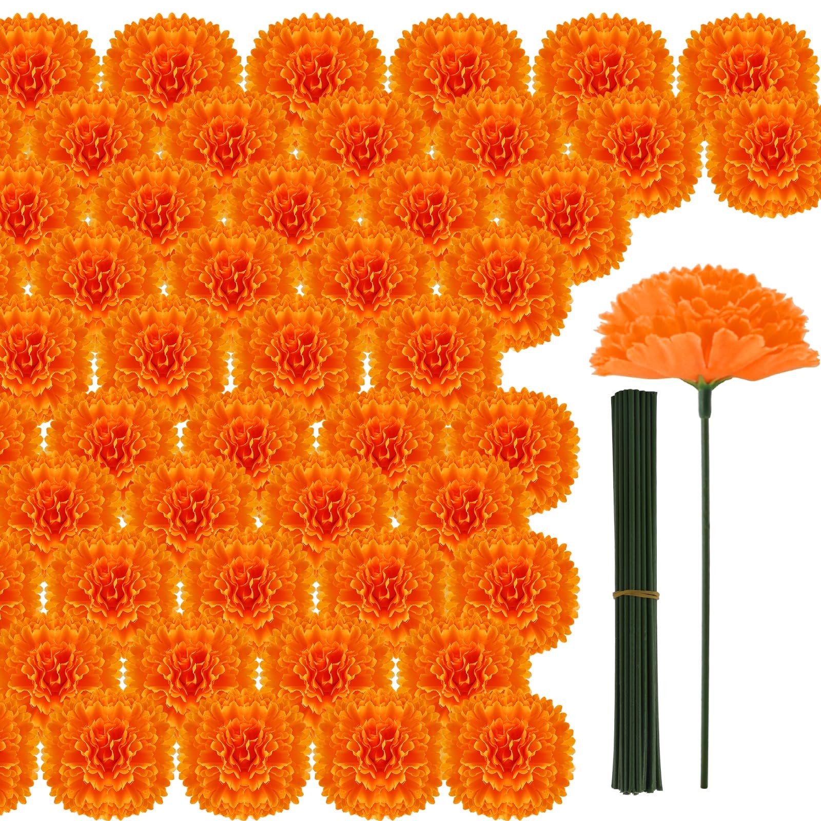 50Pcs Artificial Marigold Flower Heads, Silk Marigold Heads Bulk Fake Flowers…