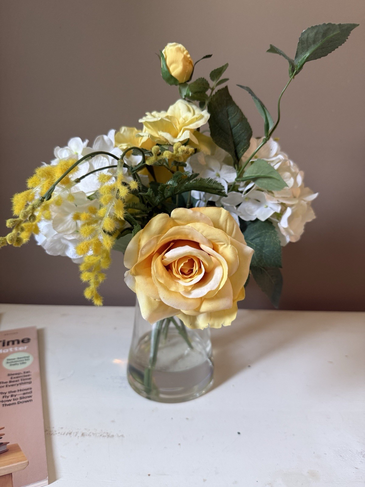 Artificial Rose Arrangement Yellow White Green in Glass Vase