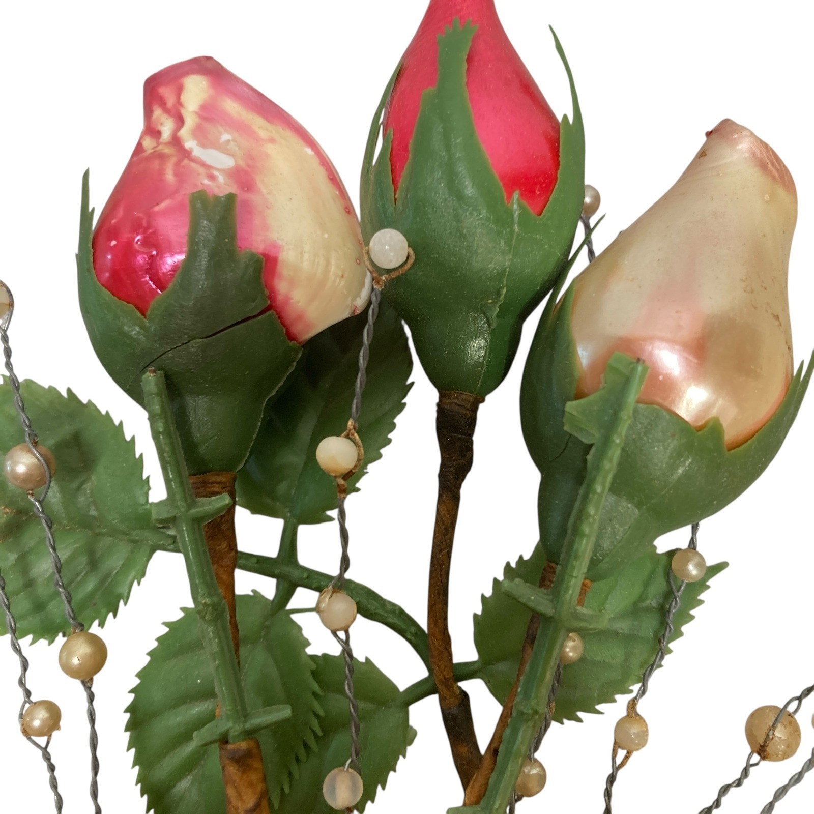 VTG Floral Arrangement Roses Pearl Beads Decorative Bouquet Display Handcrafted