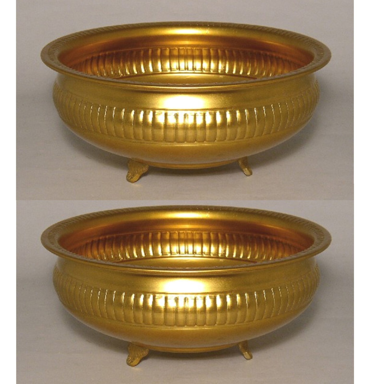 Compote Bowl Vase Gold Finish Aluminum 3-Feet Ribbed Set/2 10.5″Dia 4.5″High