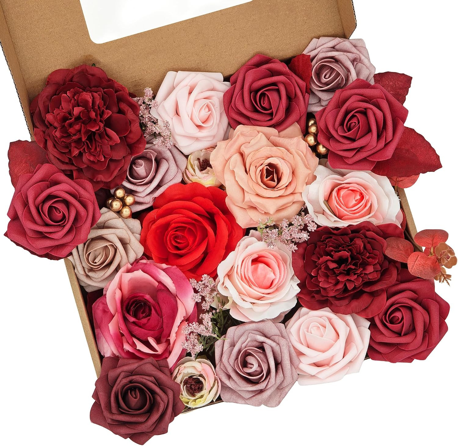 Red Artificial Silk Flowers Combo with Pompom, Roses & Red Stems for DIY Wedding