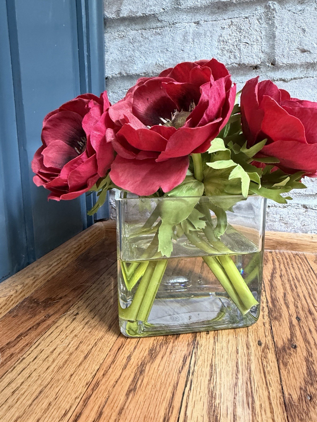 Artificial Red Poppy Floral Arrangement, Clear Glass Cube Vase, Plastic