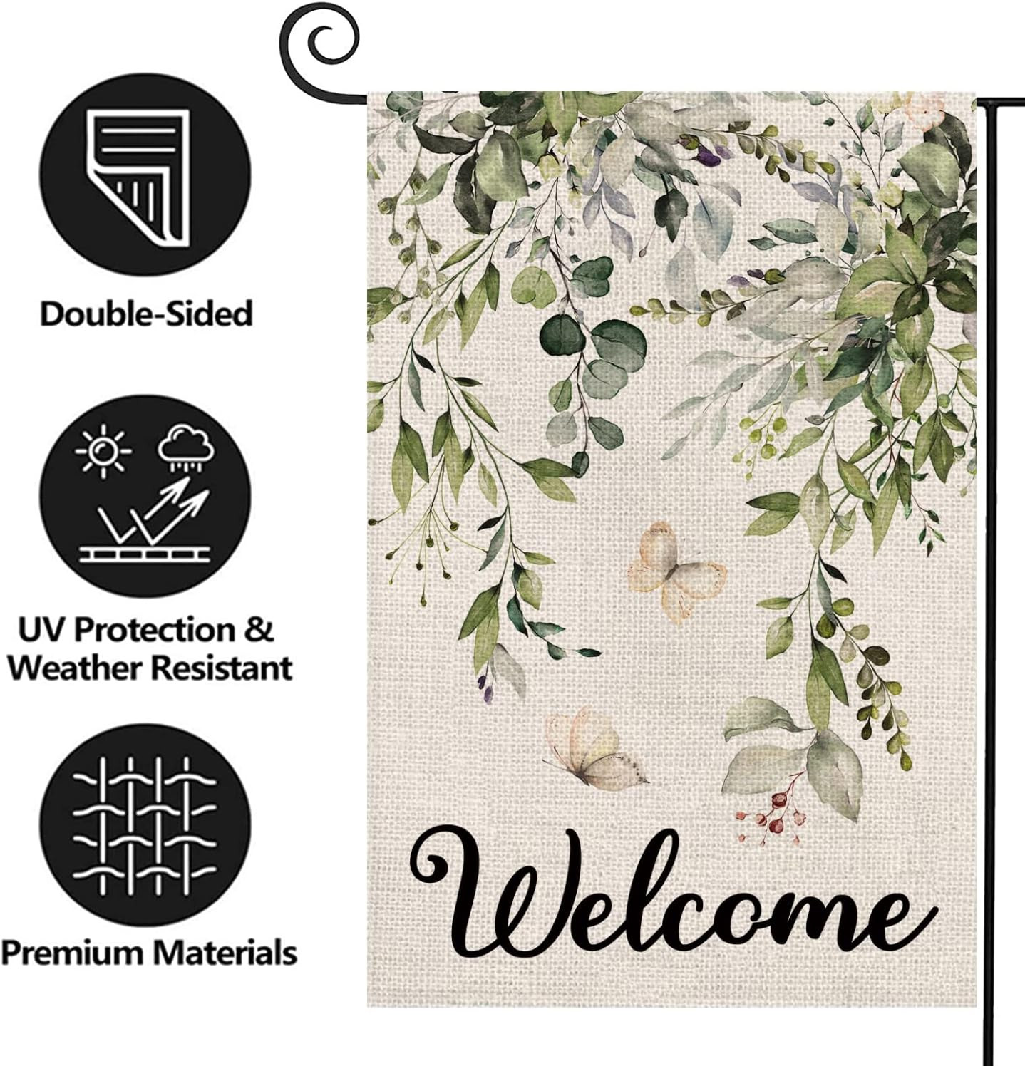 Welcome Green Plants Floral Butterfly Decoration Double Sided Burlap Garden Flag