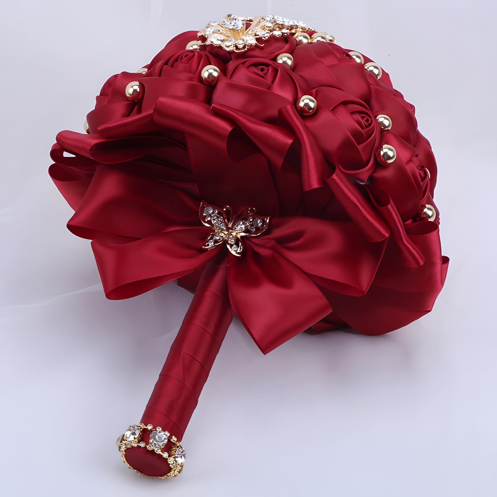 7 Inch Wedding Bouquet Red Satin Flower Bridal Holding Bridesmaid Button Broo…