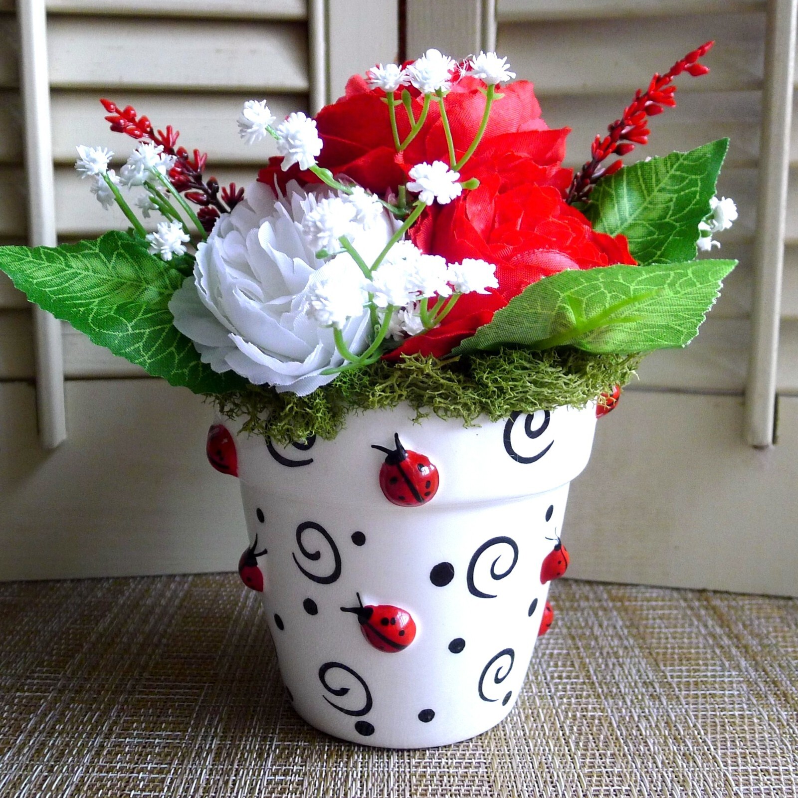 Ladybug Loveliness Flower Arrangement Red and White OOAK Floral Vintage Planter