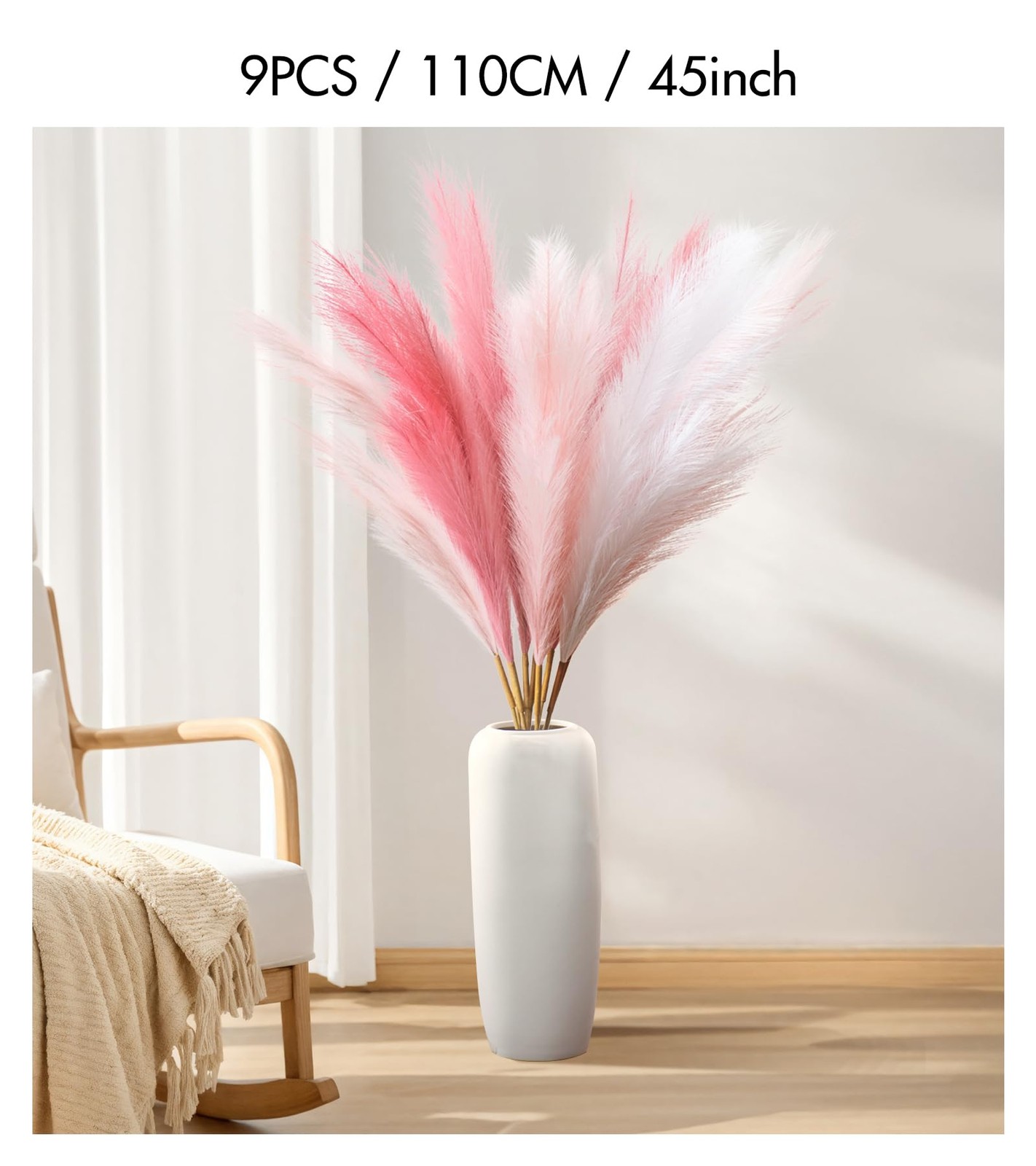 SeptCat 9 Pcs 45″ Pampas Grass Tall Pink White Decor Faux Dried Fluffy Fake L…