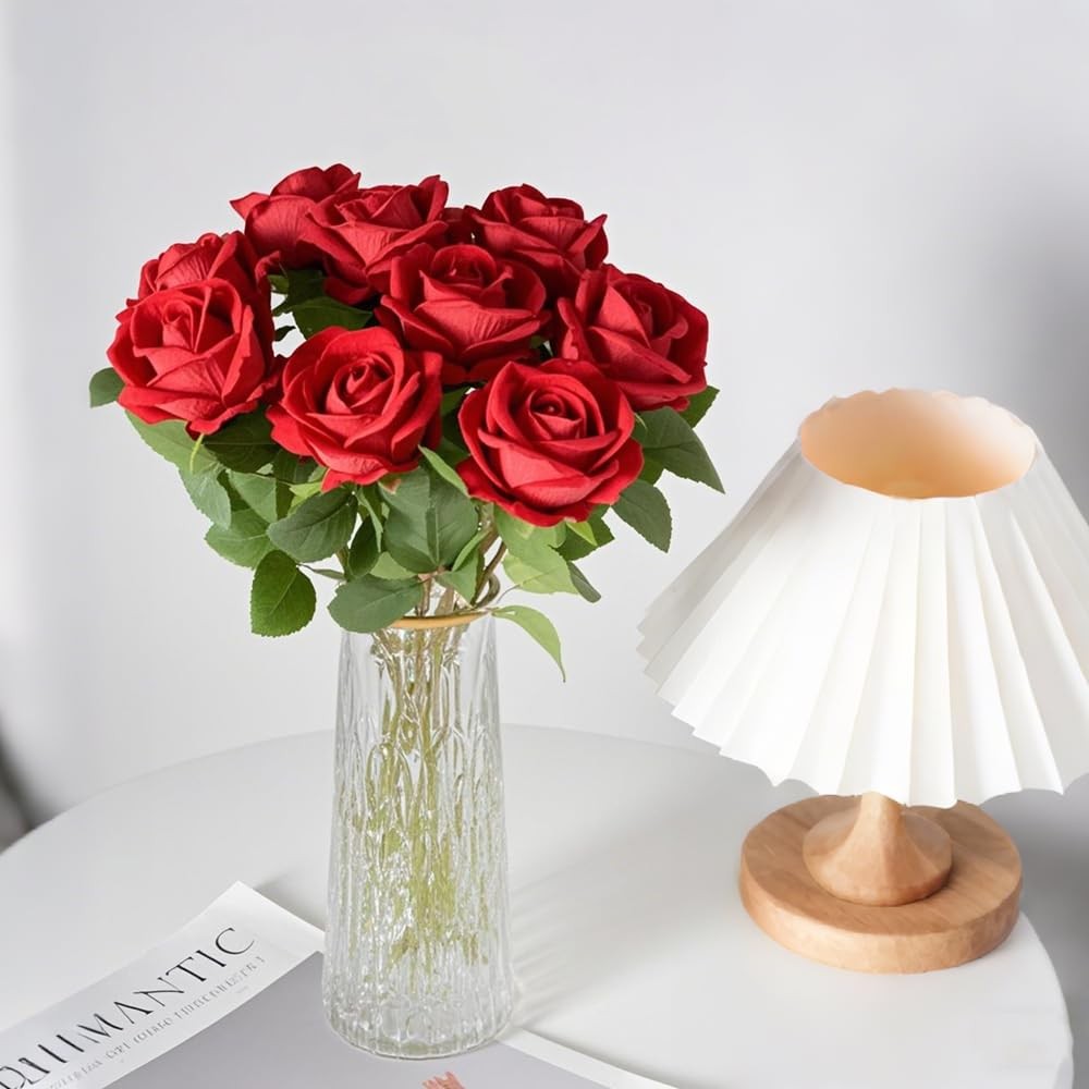 Red Realistic Velvet Silk Artificial Roses Faux Flowers Bouquet 50 PCS Decor