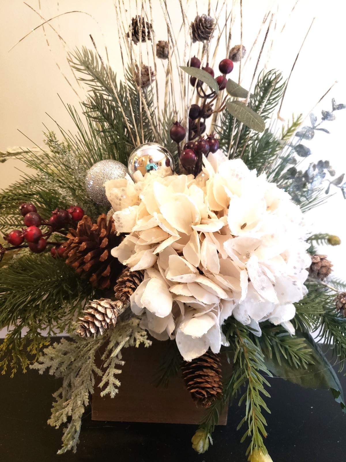 Cream Hydrangea Christmas Arrangement, Rustic Farmhouse Evergreen Decor