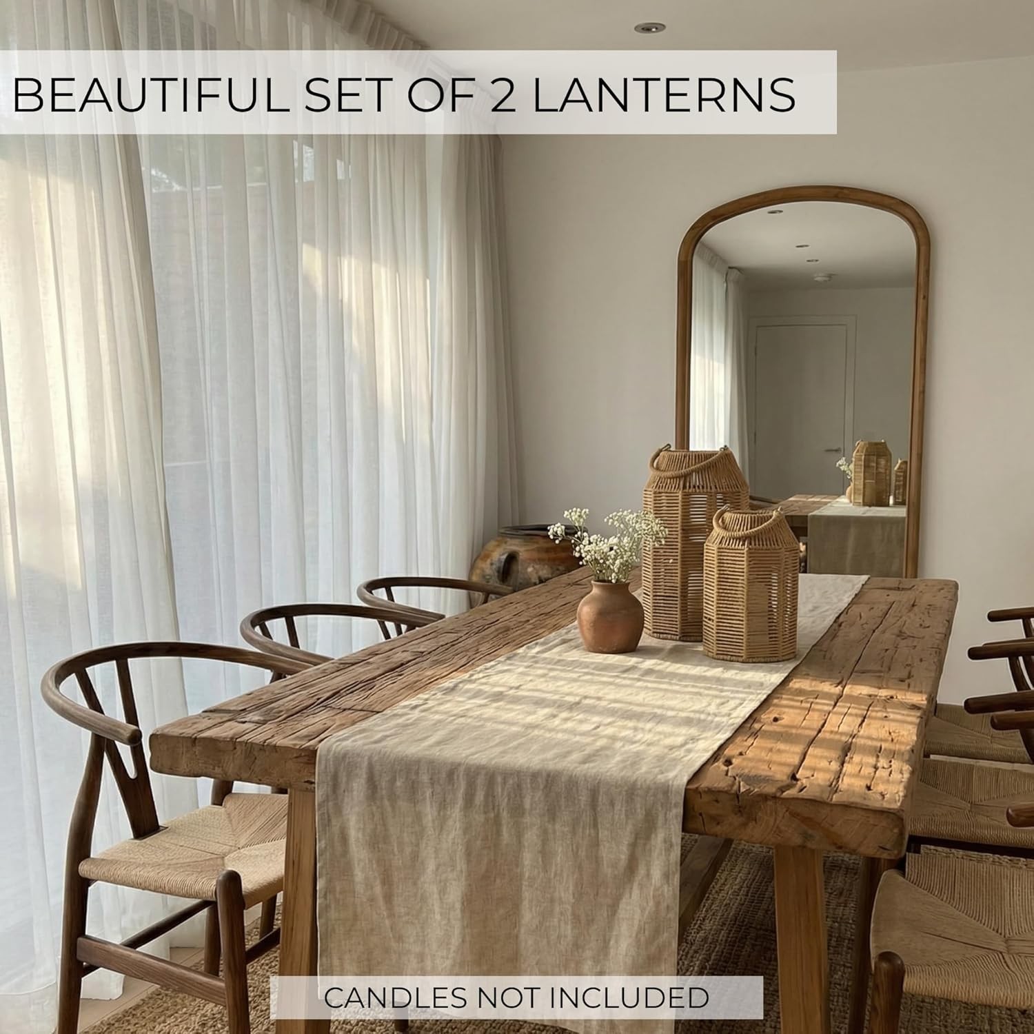 Jute Lanterns Set of 2 Boho Decor Indoor Outdoor Coffee Table Porch Lighting